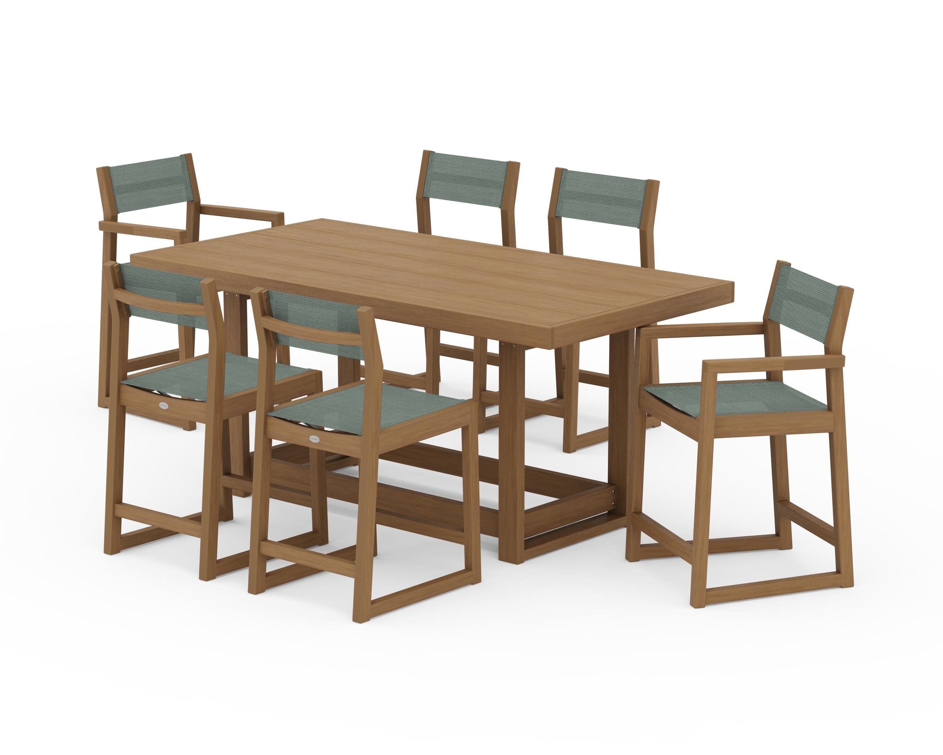 POLYWOOD EDGE Sling 7-Piece Counter Table Set in Natural / Dupioni Sea Mist Sling