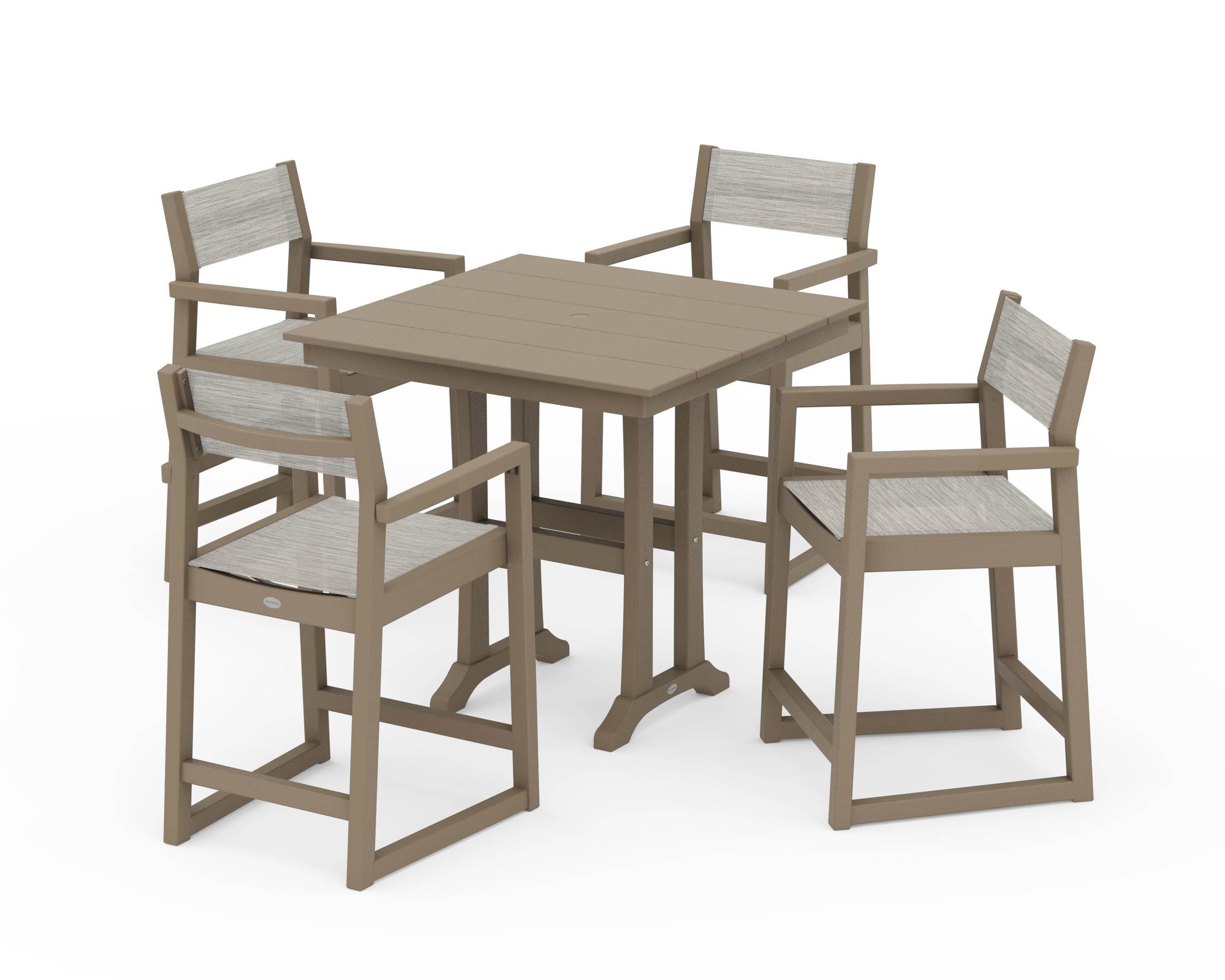 POLYWOOD EDGE Sling Arm Chair 5-Piece Farmhouse Counter Set with Trestle Legs in Vintage Sahara / Birch Sling