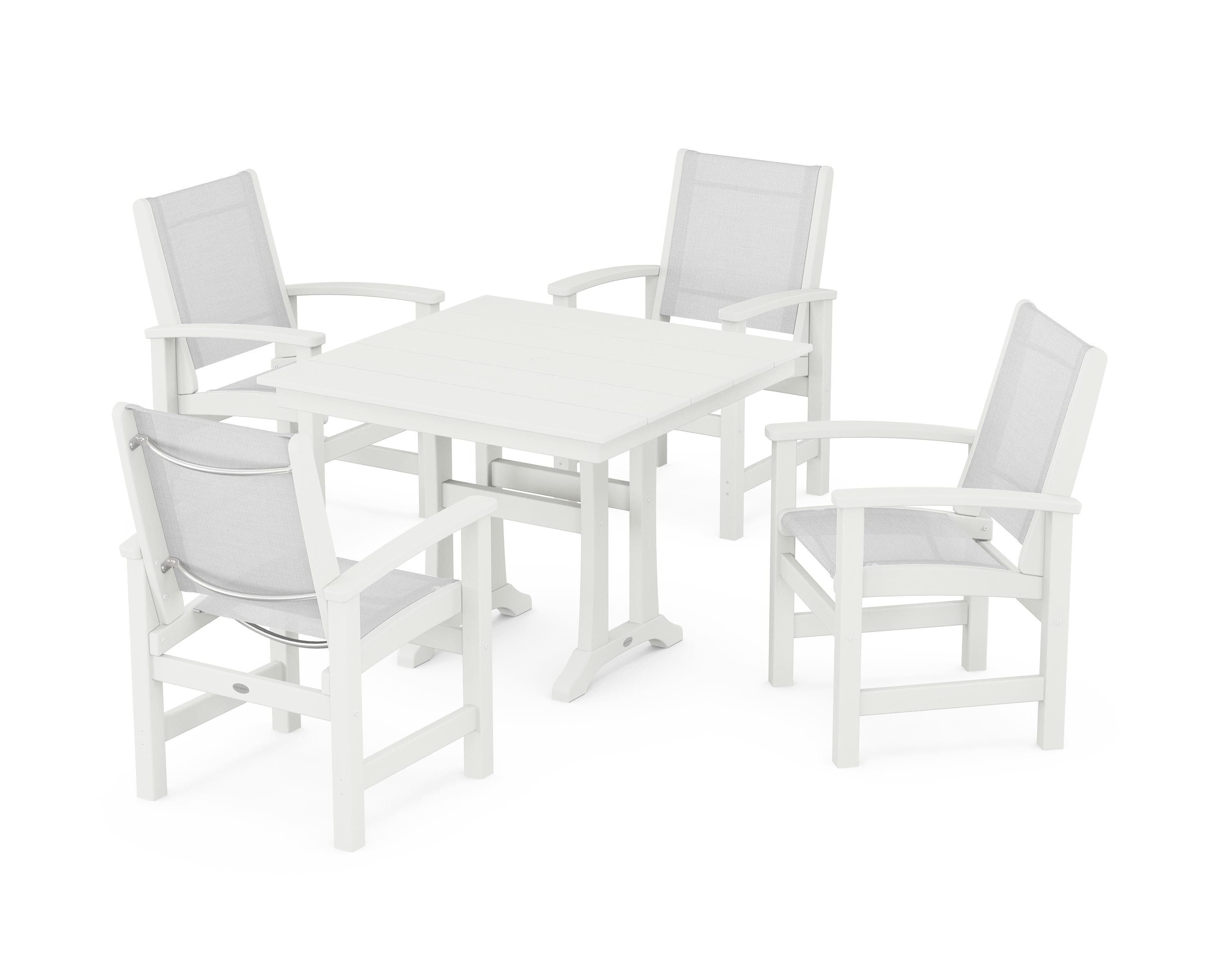 POLYWOOD Coastal 5-Piece Farmhouse Dining Set With Trestle Legs in Vintage White / White Sling
