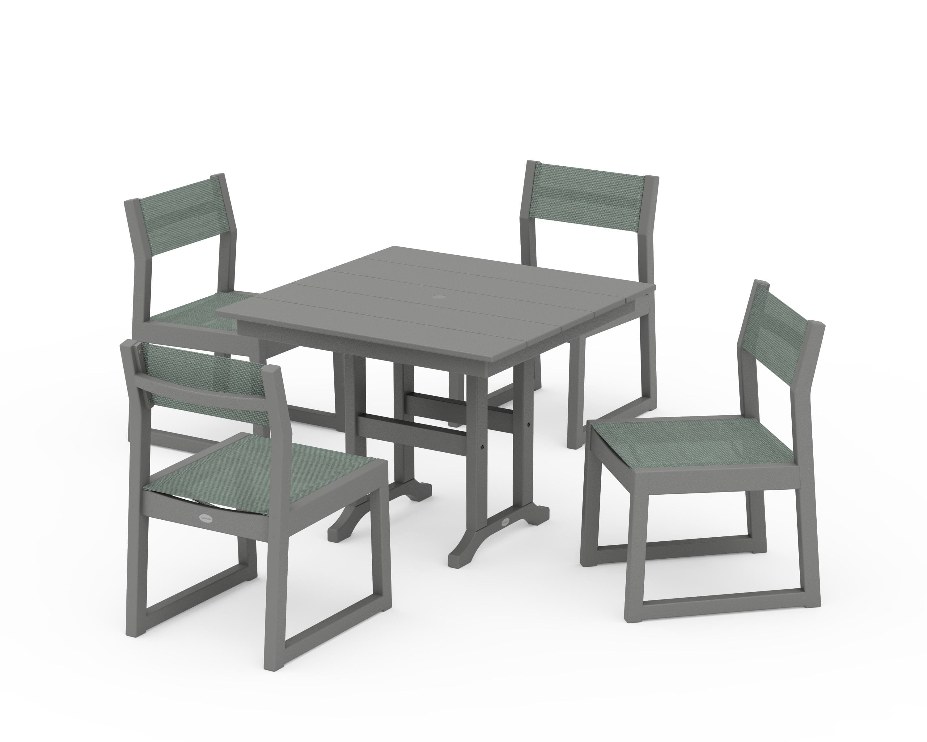POLYWOOD EDGE Sling Side Chair 5-Piece Farmhouse Dining Set in Slate Grey / Dupioni Sea Mist Sling