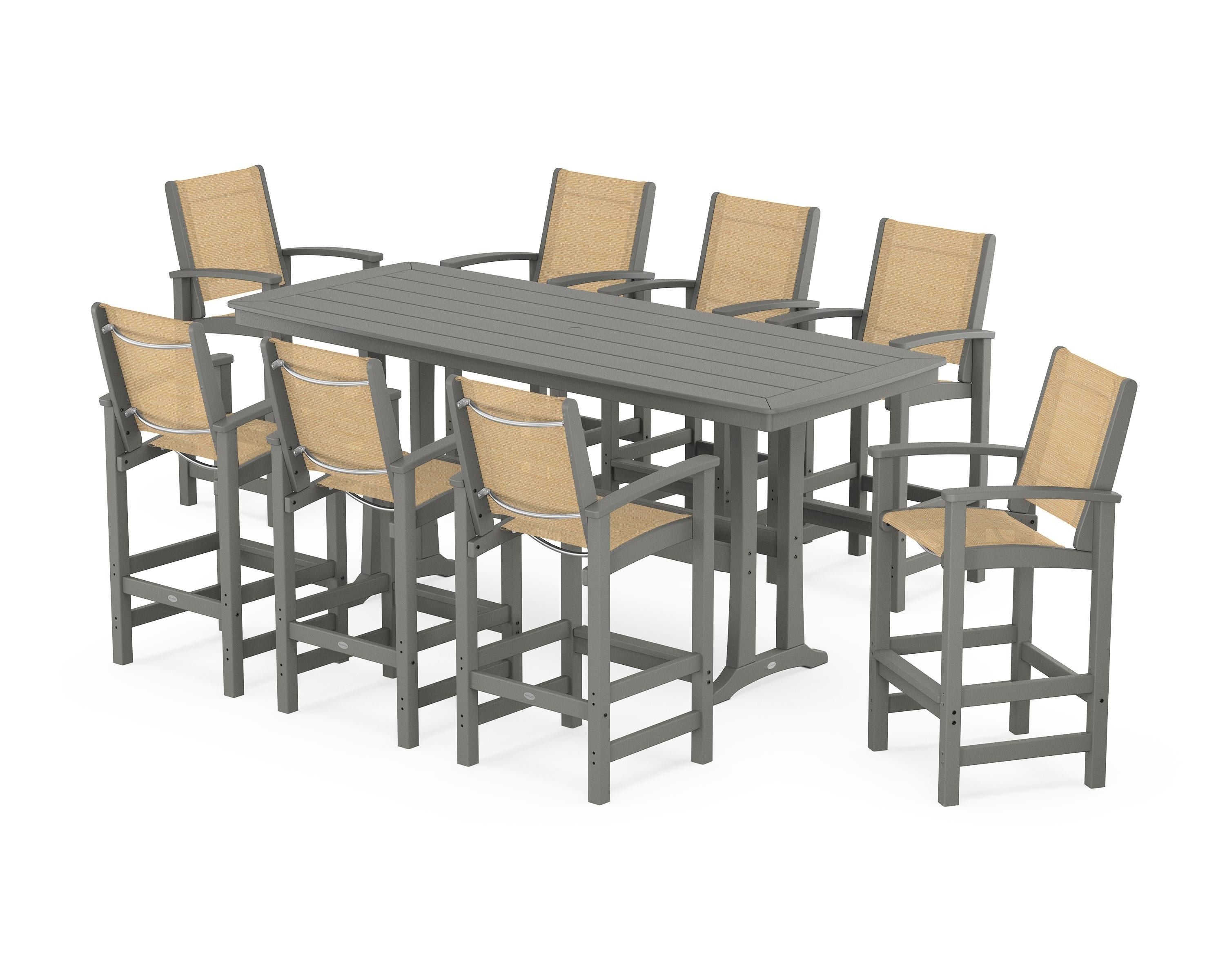 POLYWOOD Coastal 9-Piece Bar Set with Trestle Legs in Slate Grey / Dupioni Apricot Sling