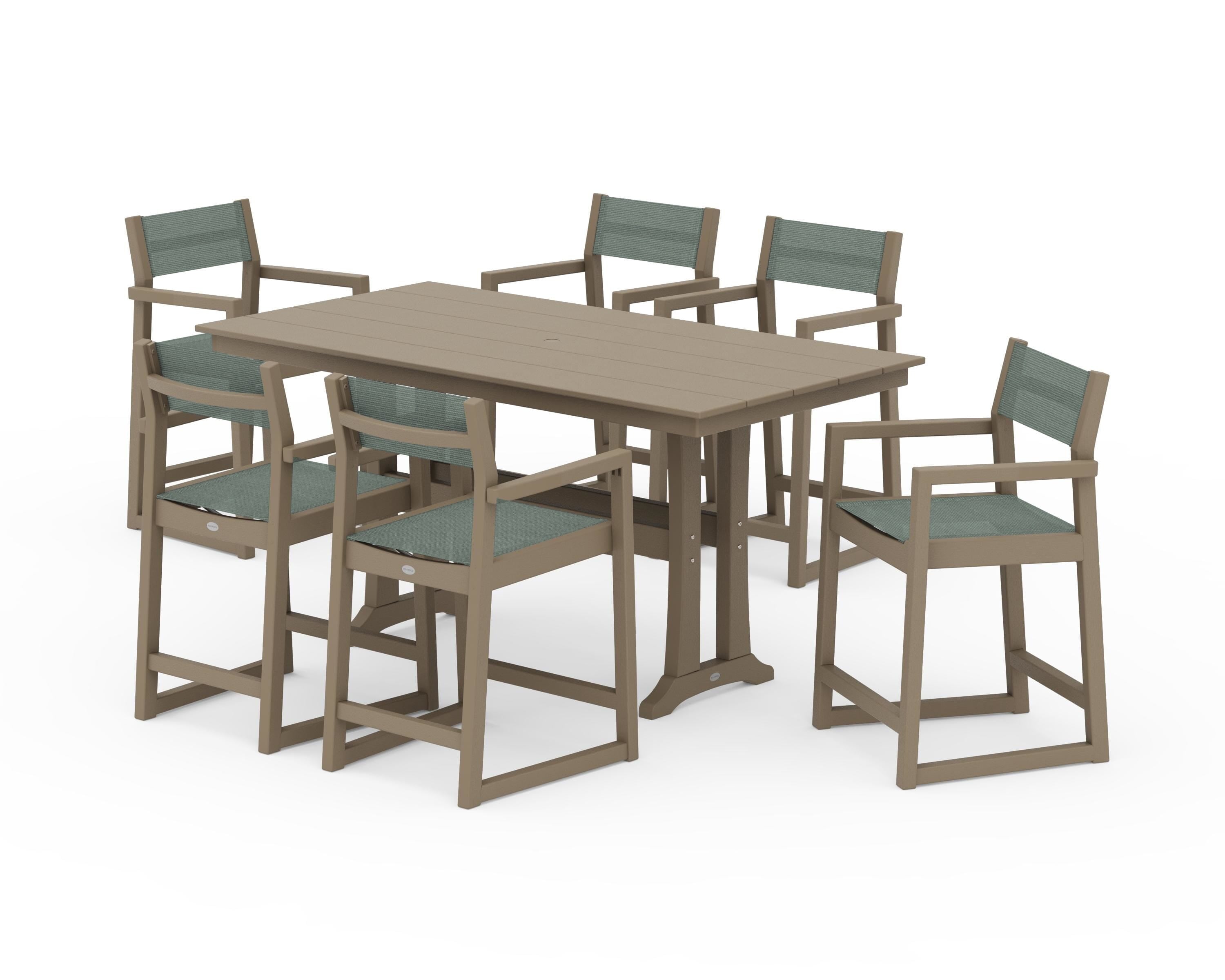 POLYWOOD EDGE Sling Arm Chair 7-Piece Farmhouse Counter Set with Trestle Legs in Vintage Sahara / Dupioni Sea Mist Sling