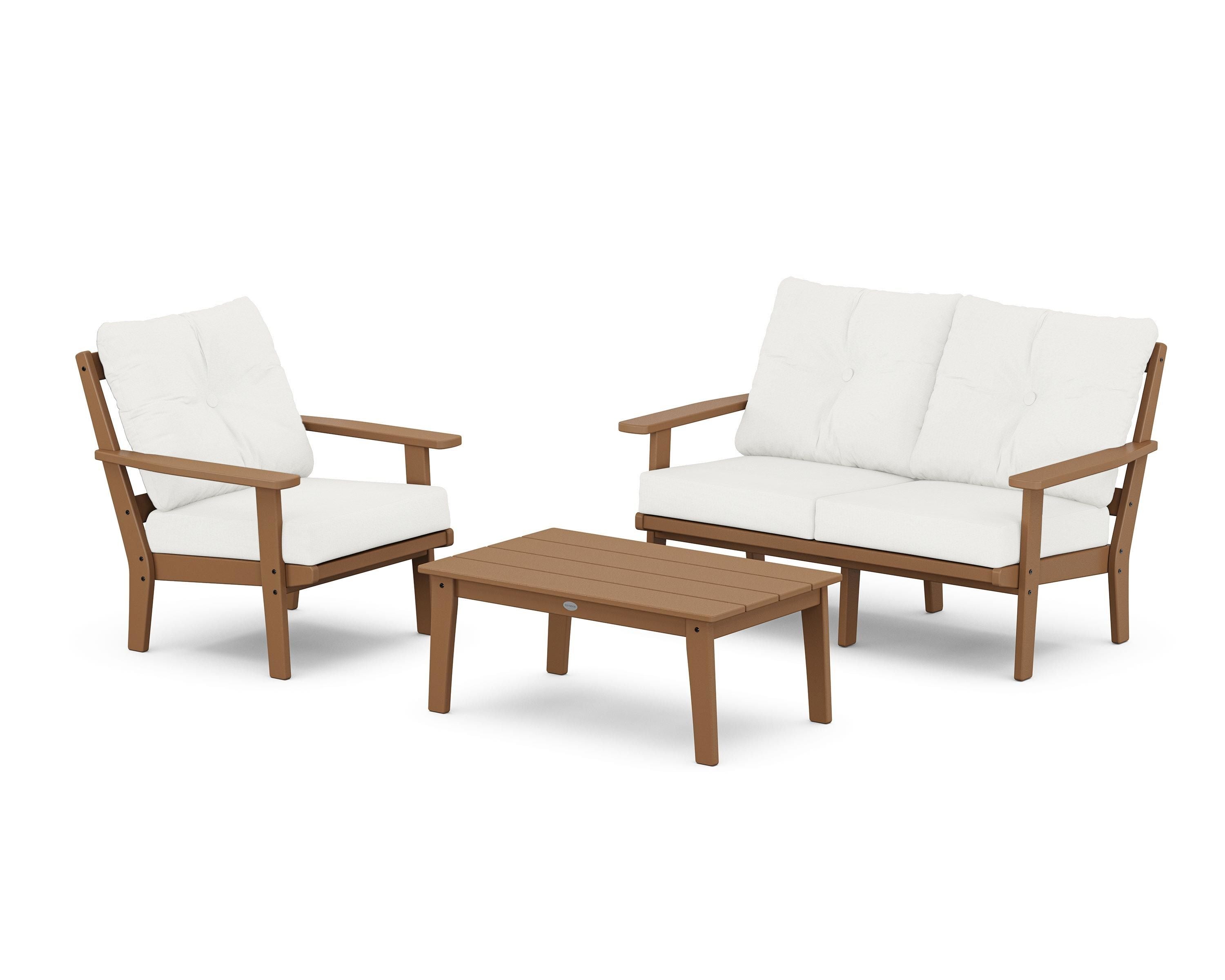 POLYWOOD Prairie 3-Piece Deep Seating Set with Loveseat in Teak / Natural Linen