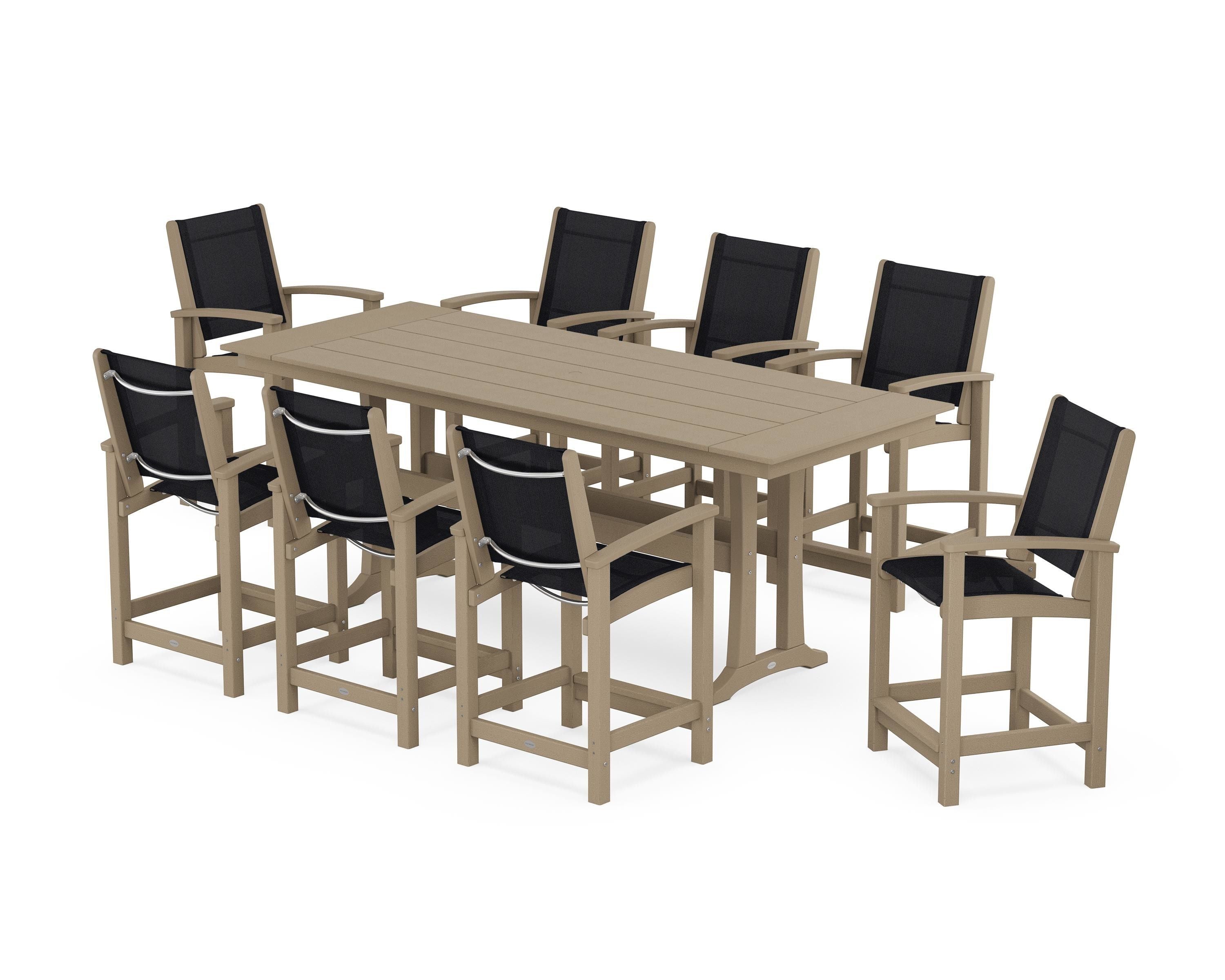 POLYWOOD Coastal 9-Piece Farmhouse Counter Set with Trestle Legs in Vintage Sahara / Black Sling