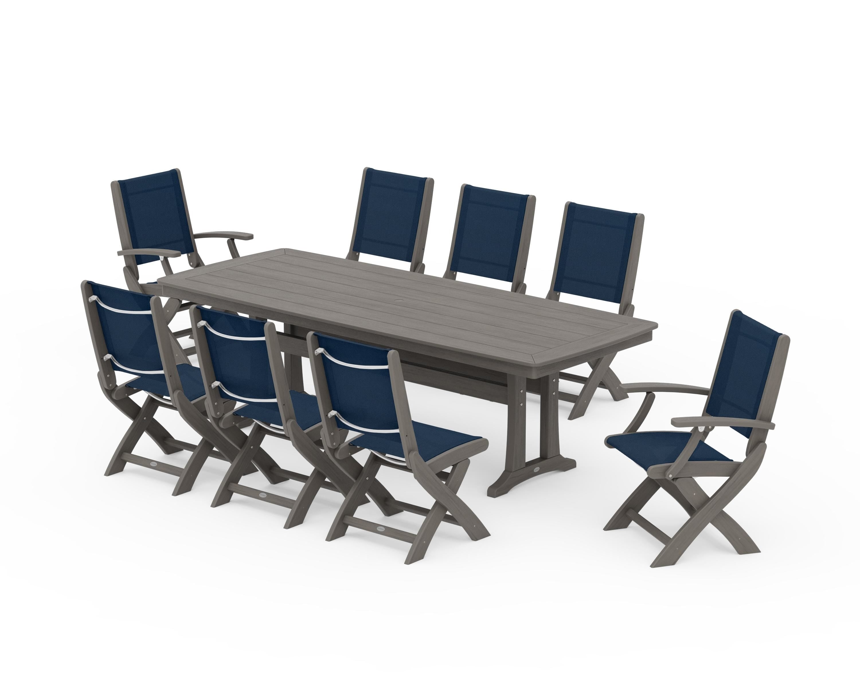 POLYWOOD Coastal Folding 9-Piece Dining Set with Trestle Legs in Driftwood / Navy Blue Sling