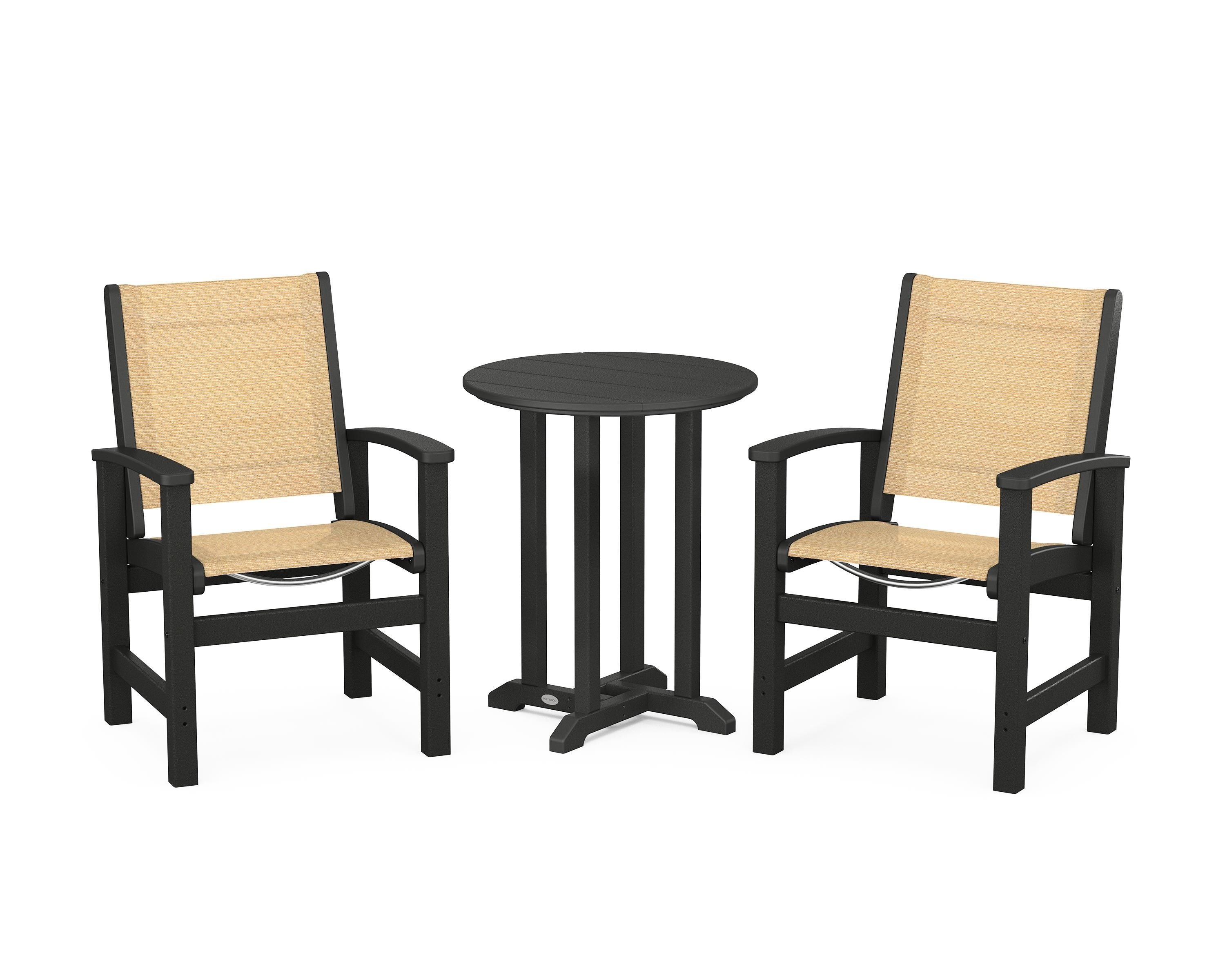 POLYWOOD Coastal 3-Piece Round Bistro Dining Set in Black / Dupioni Apricot Sling