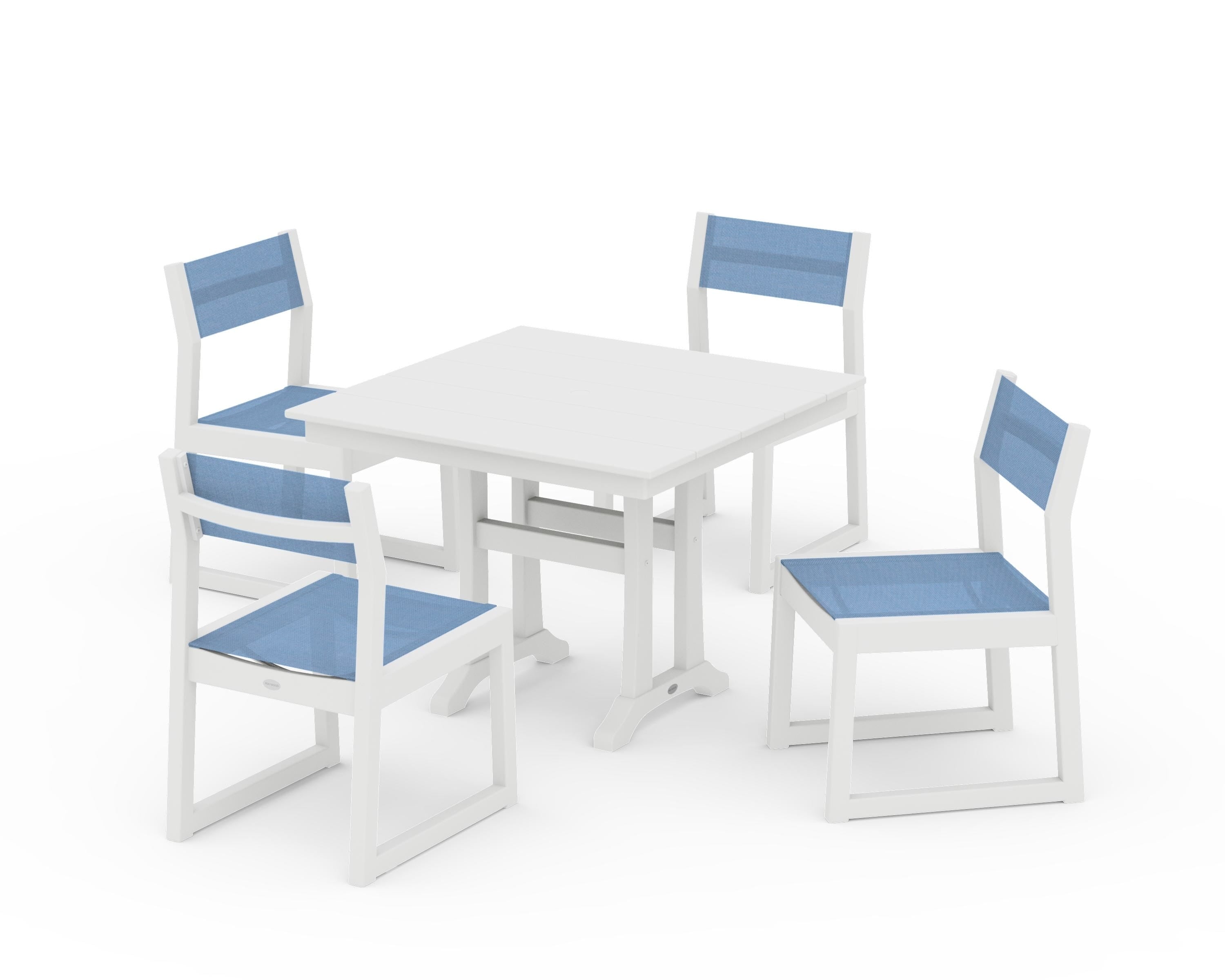 POLYWOOD EDGE Sling 5-Piece Farmhouse Trestle Side Chair Dining Set in White / Poolside Sling