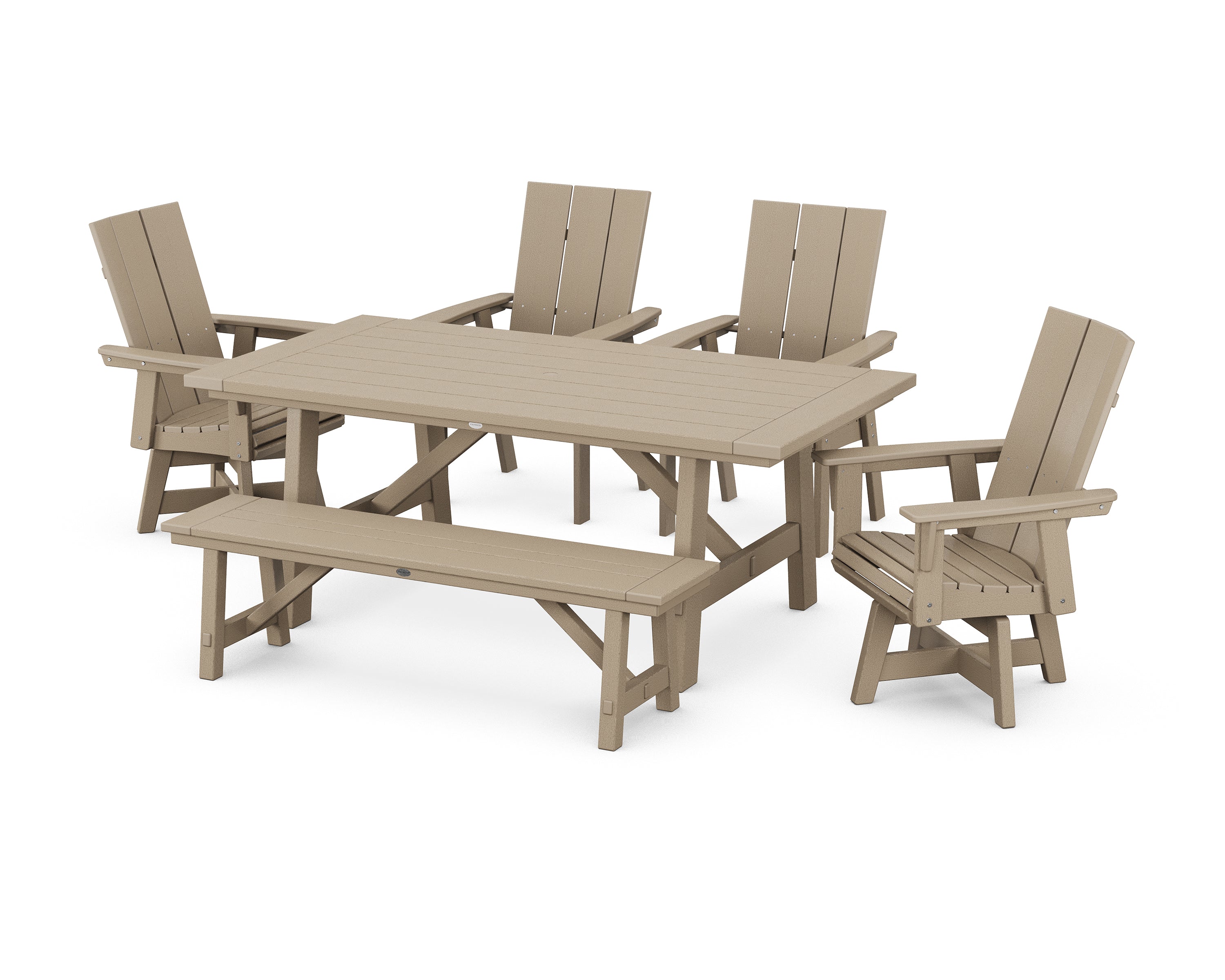 POLYWOOD® Modern Curveback Adirondack Swivel Chair 6-Piece Rustic Farmhouse Dining Set with Bench in Vintage Sahara