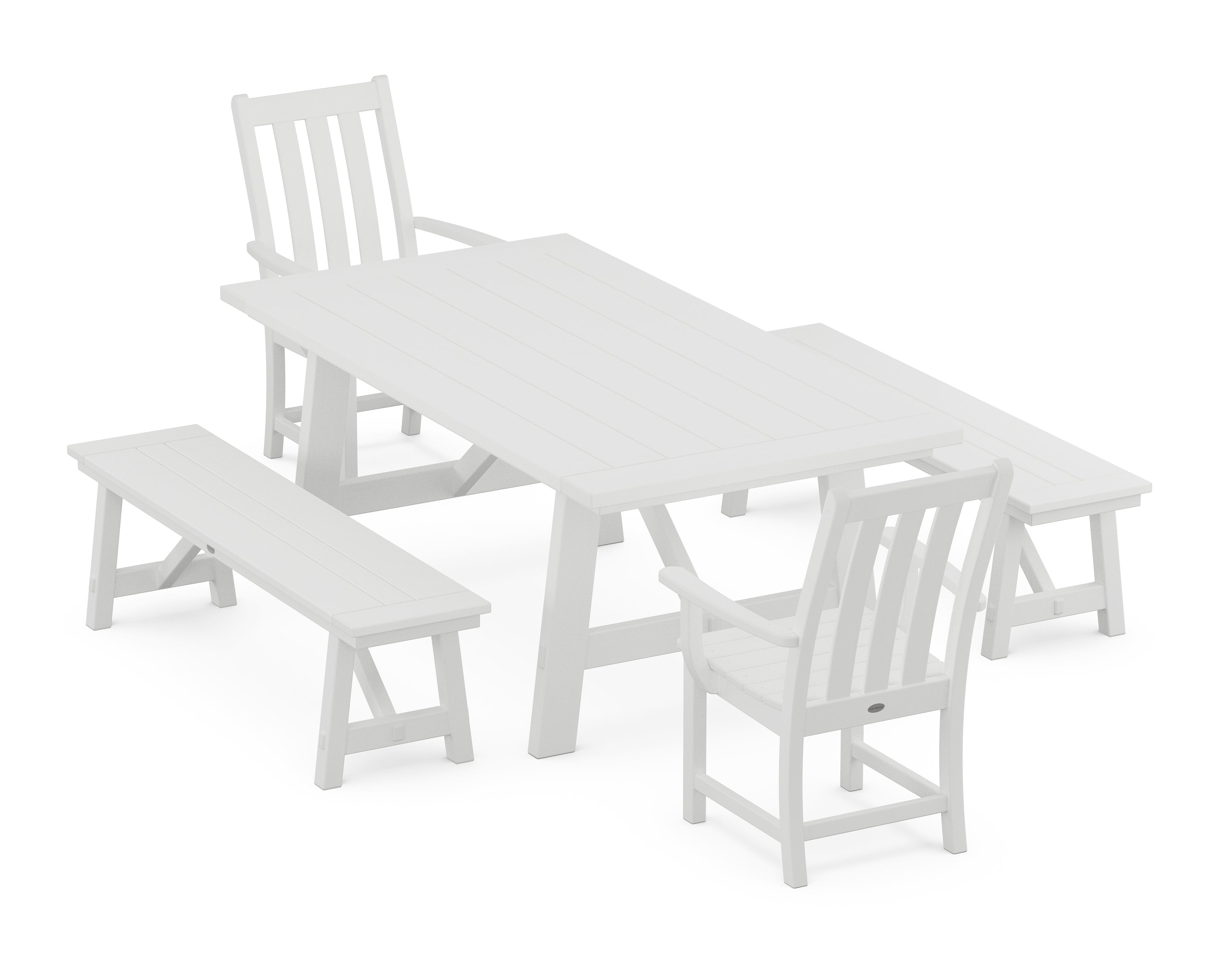 POLYWOOD® Vineyard 5-Piece Rustic Farmhouse Dining Set With Benches in White