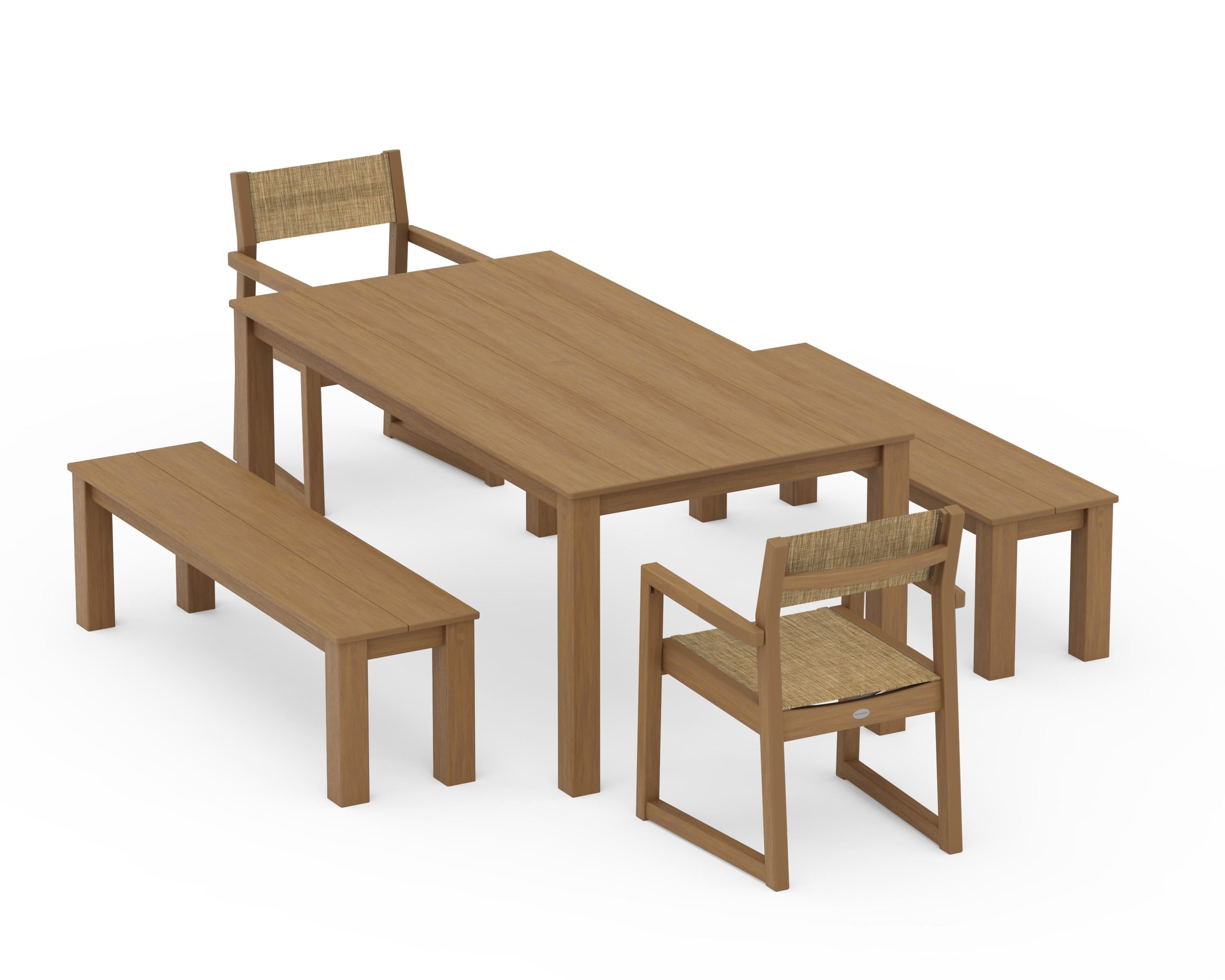 POLYWOOD EDGE Sling Arm Chair 5-Piece Parsons Dining Set with Benches in Natural / Burlap Sling