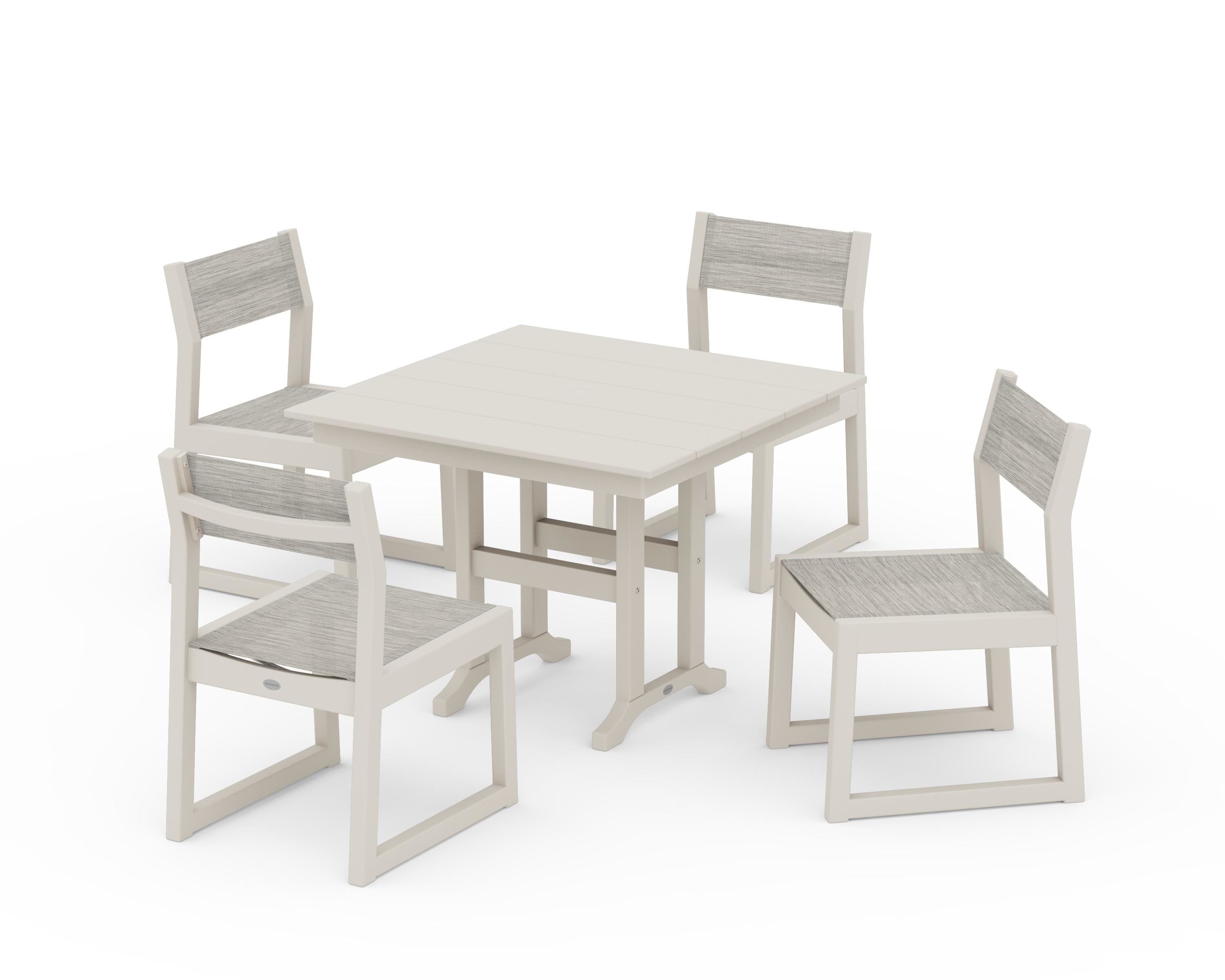POLYWOOD EDGE Sling Side Chair 5-Piece Farmhouse Dining Set in Sand / Birch Sling