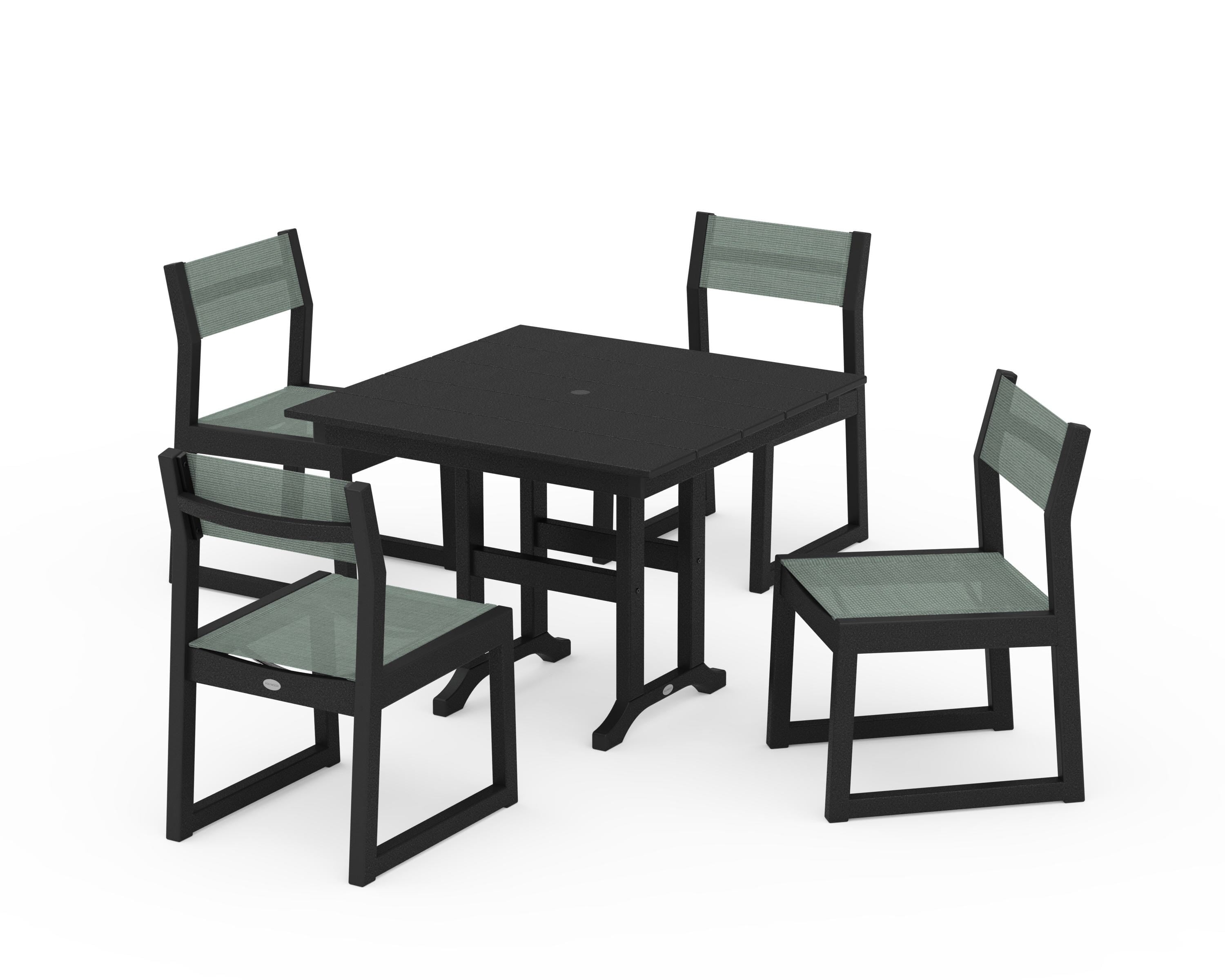 POLYWOOD EDGE Sling Side Chair 5-Piece Farmhouse Dining Set in Black / Dupioni Sea Mist Sling