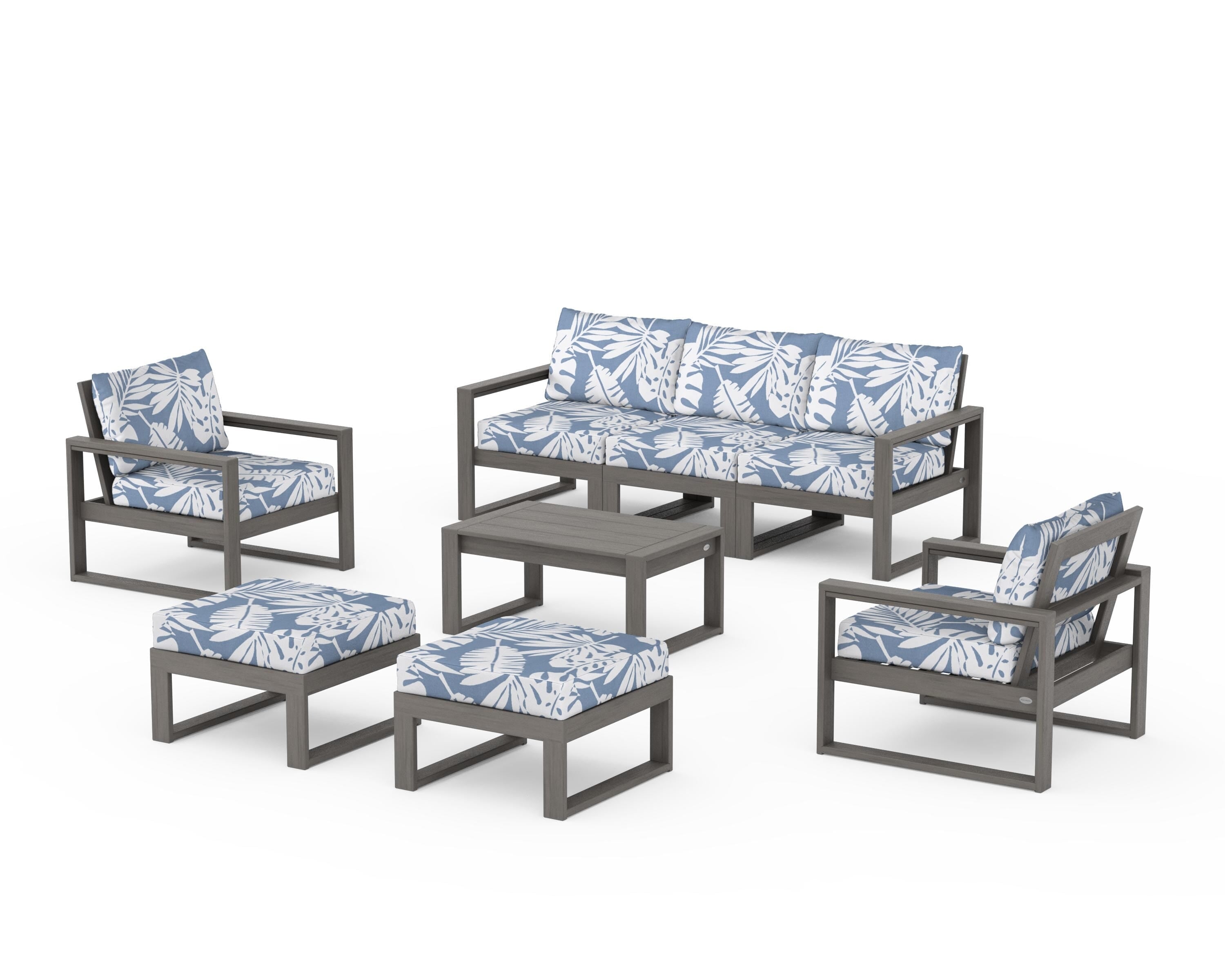 POLYWOOD EDGE Sectional 8-Piece Lounge Sofa Set in Driftwood / Leaf Sky Blue