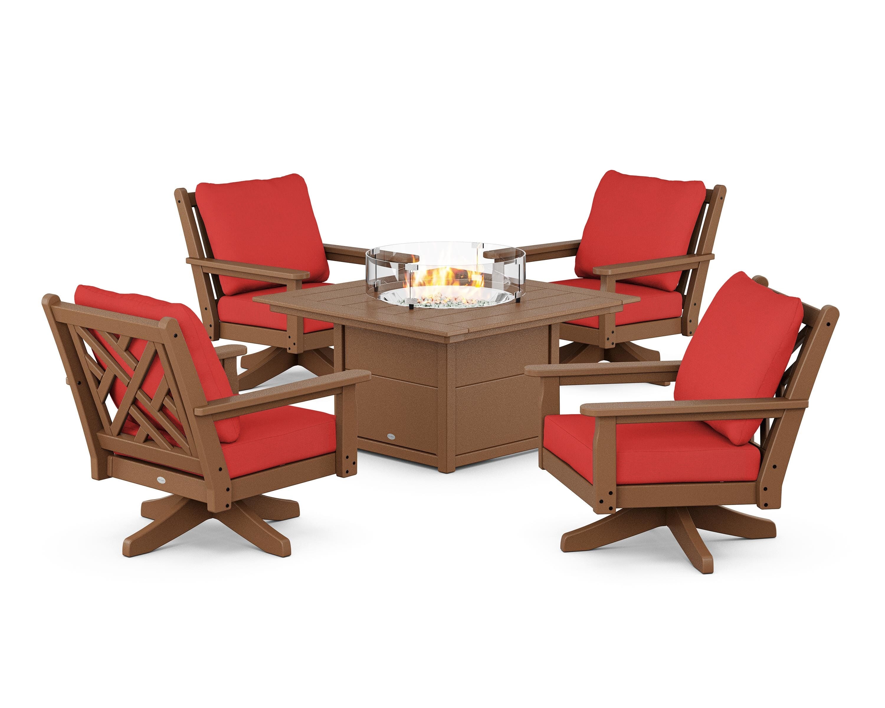 POLYWOOD Chippendale 5-Piece Deep Seating Swivel Conversation Set with Fire Pit Table in Teak / Crimson Linen