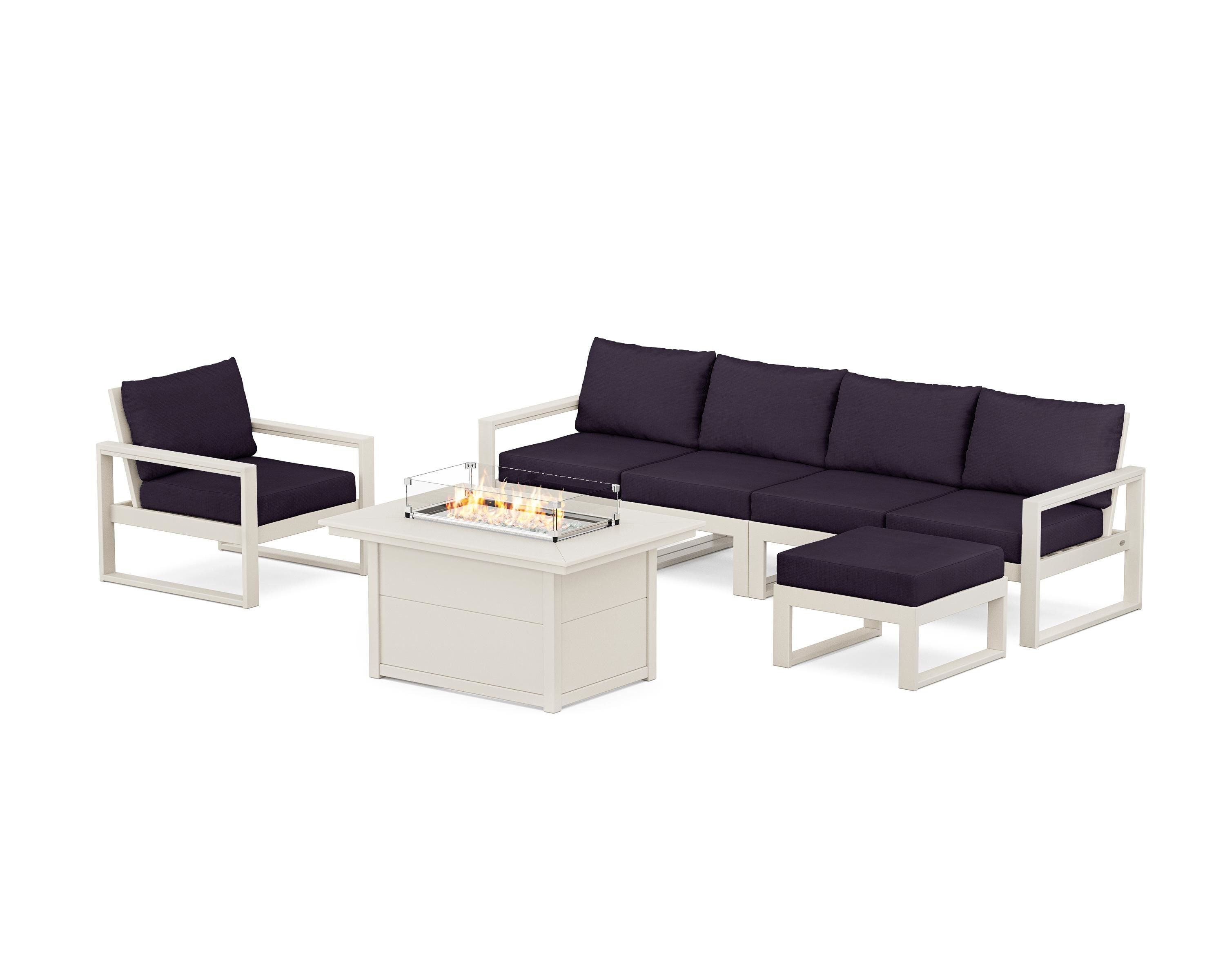 POLYWOOD EDGE Sectional Lounge and Fire Pit Set in Sand / Navy Linen