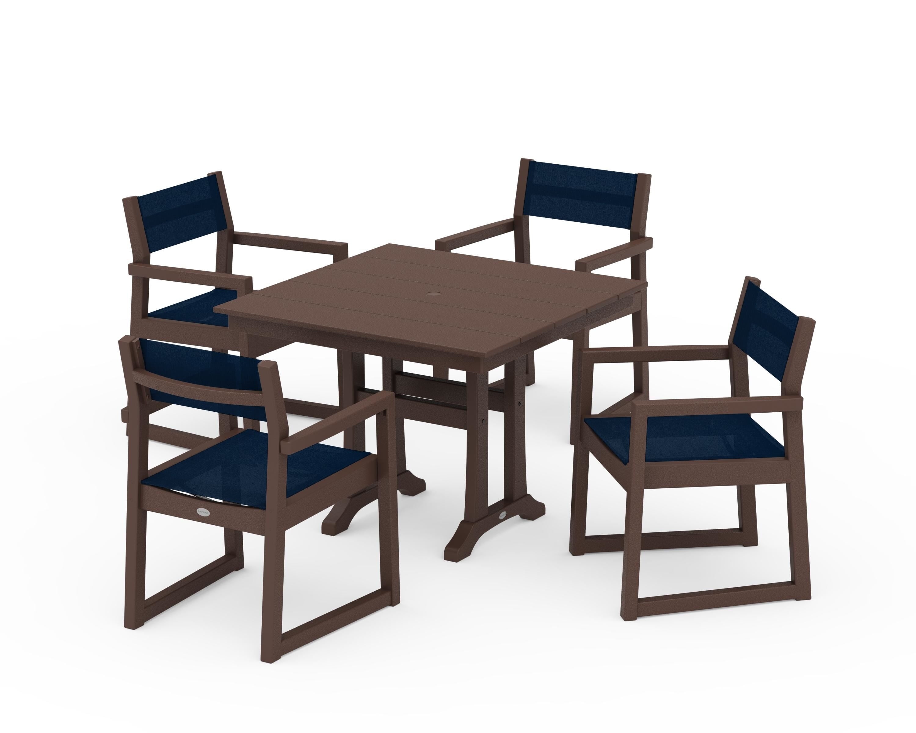 POLYWOOD EDGE Sling 5-Piece Farmhouse Dining Set with Trestle Legs in Mahogany / Navy Blue Sling