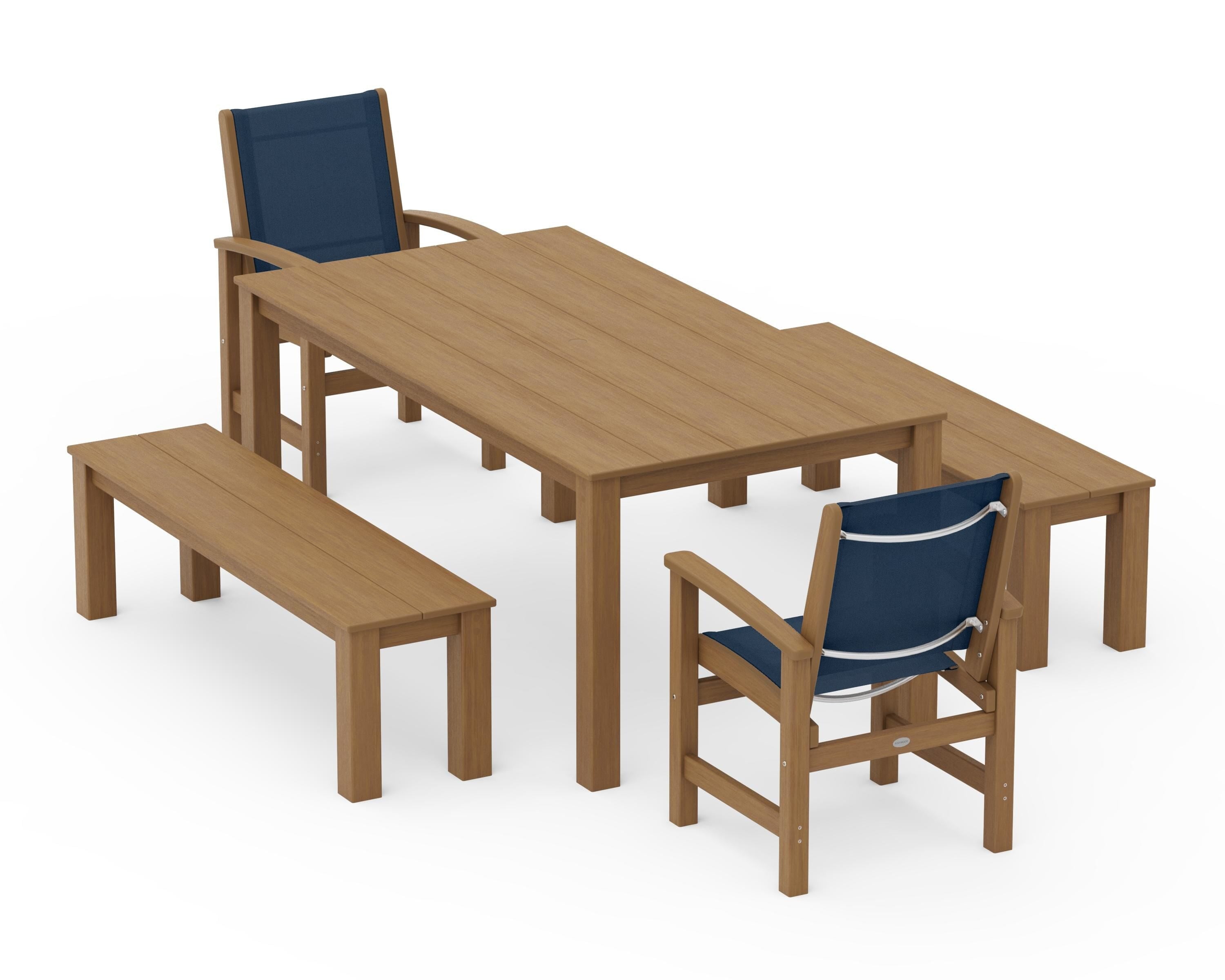 POLYWOOD Coastal 5-Piece Parsons Dining Set with Benches in Natural / Navy Blue Sling