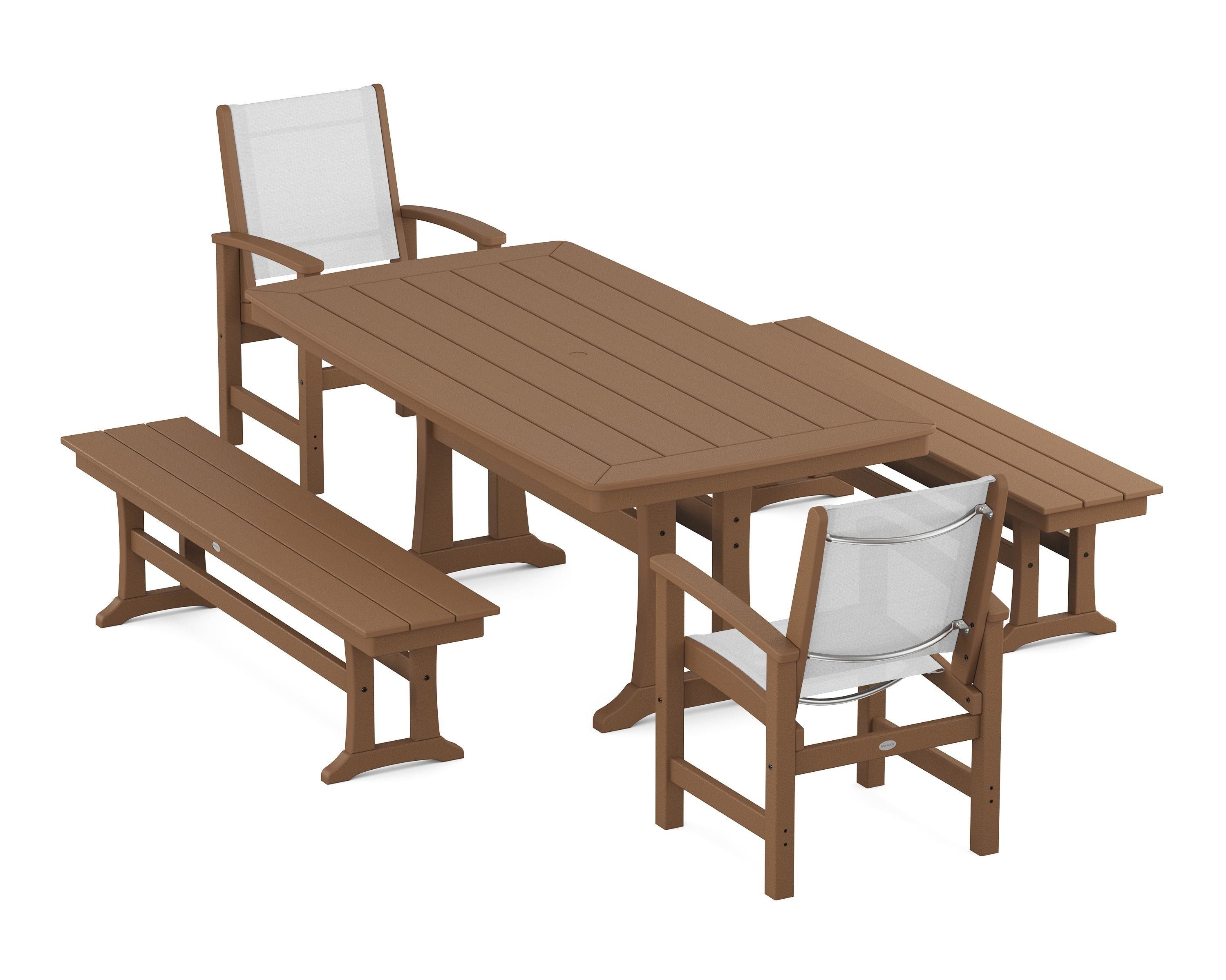 POLYWOOD Coastal 5-Piece Dining Set with Trestle Legs and Benches in Teak / White Sling