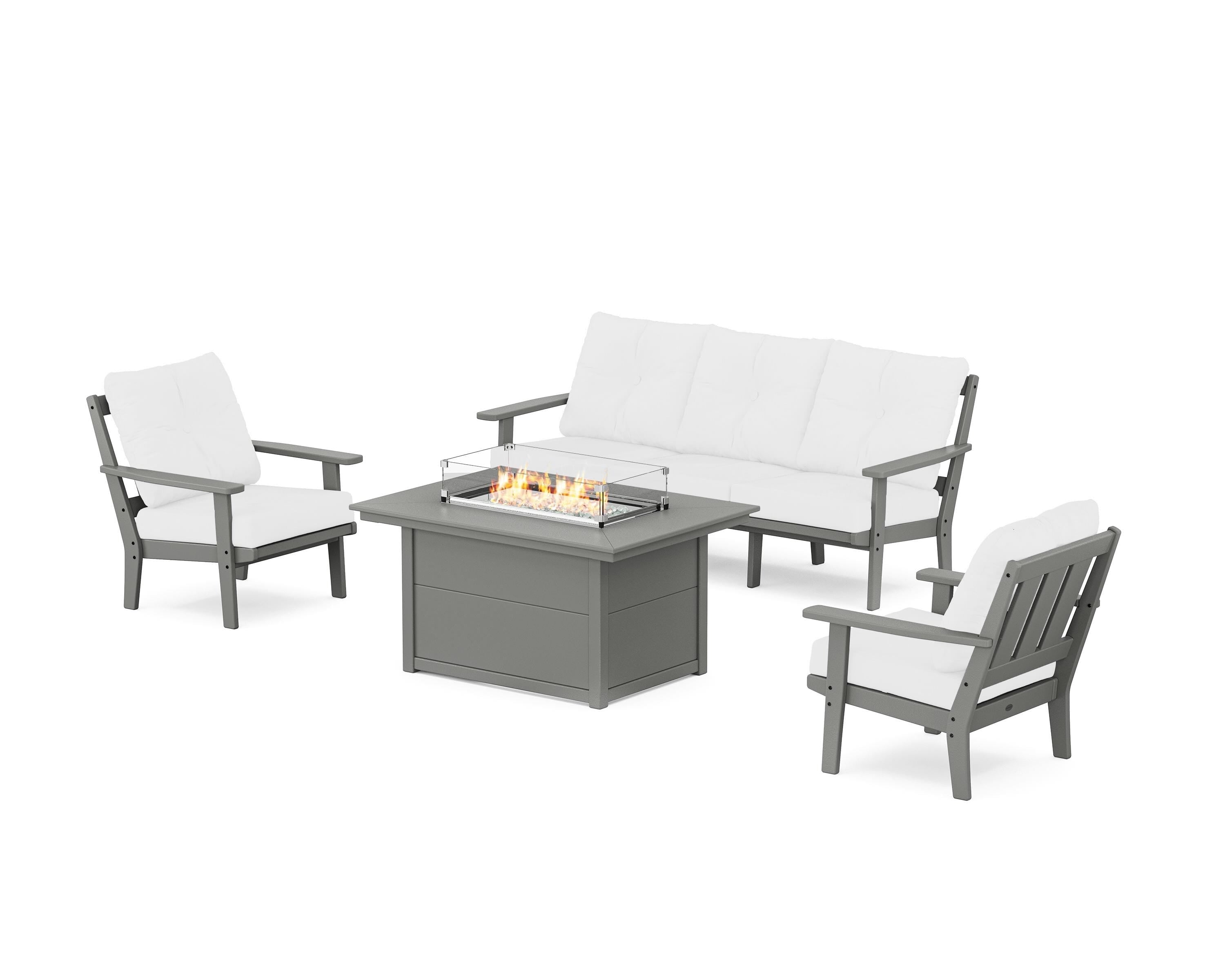 POLYWOOD Oxford Deep Seating Fire Pit Table Set in Slate Grey / Natural