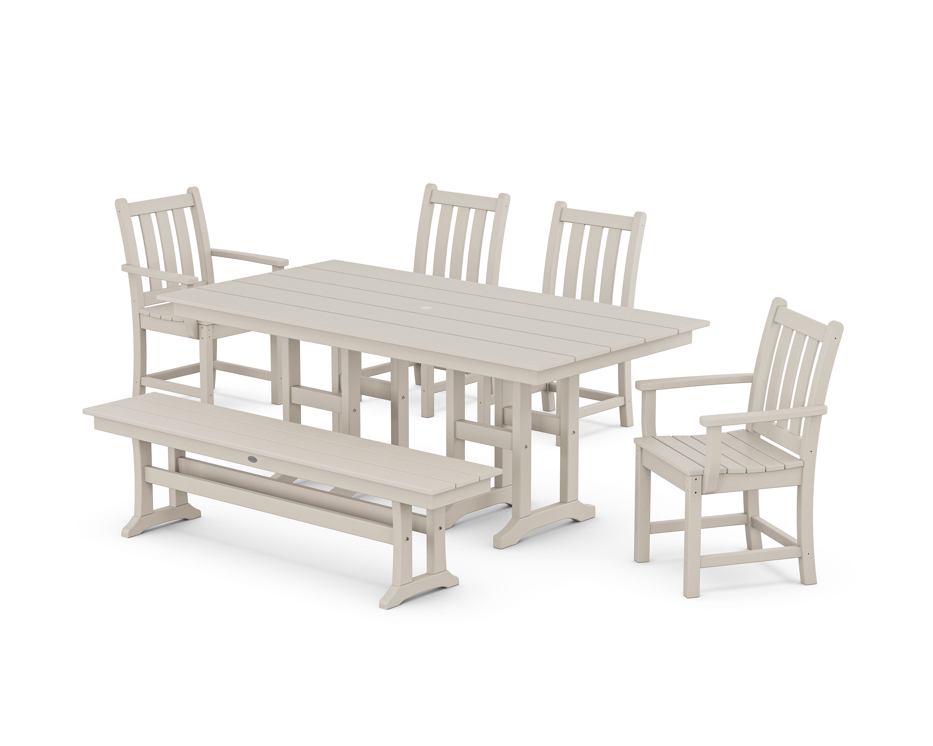 POLYWOOD® Traditional Garden 6-Piece Farmhouse Dining Set with Bench in Sand