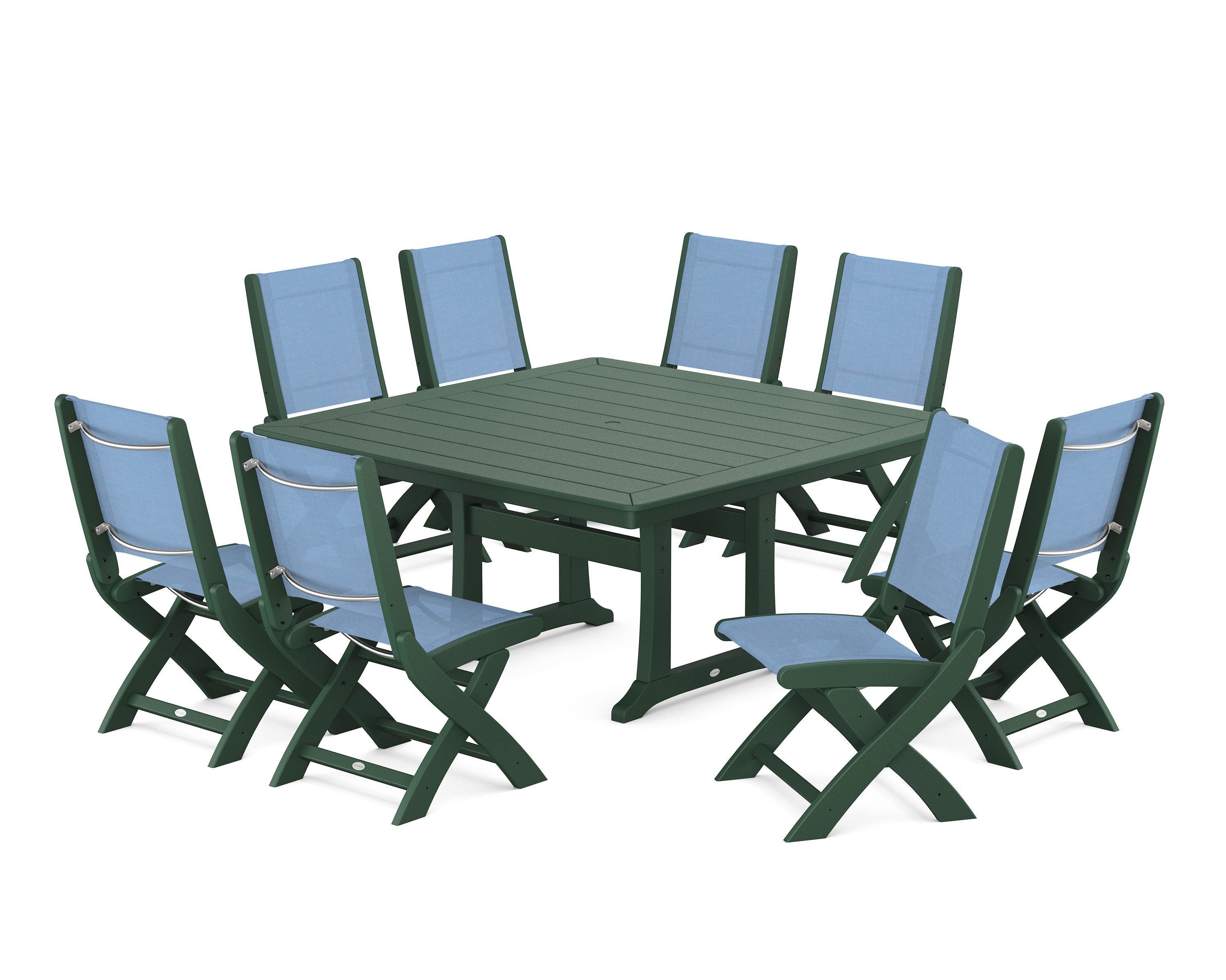 POLYWOOD Coastal Folding Side Chair 9-Piece Dining Set with Trestle Legs in Green / Poolside Sling