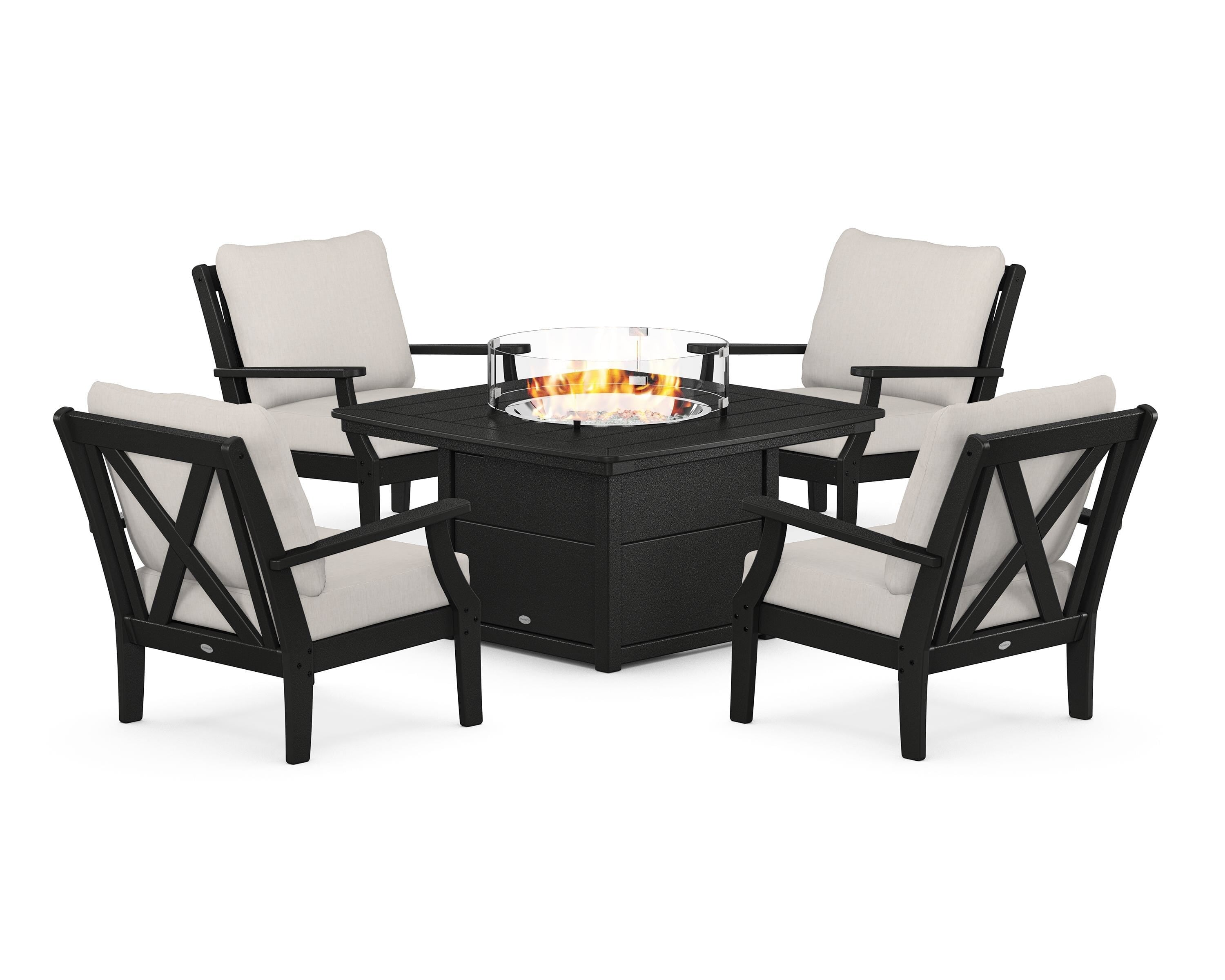 POLYWOOD Braxton 5-Piece Deep Seating Conversation Set with Fire Pit Table in Black / Cast Ash