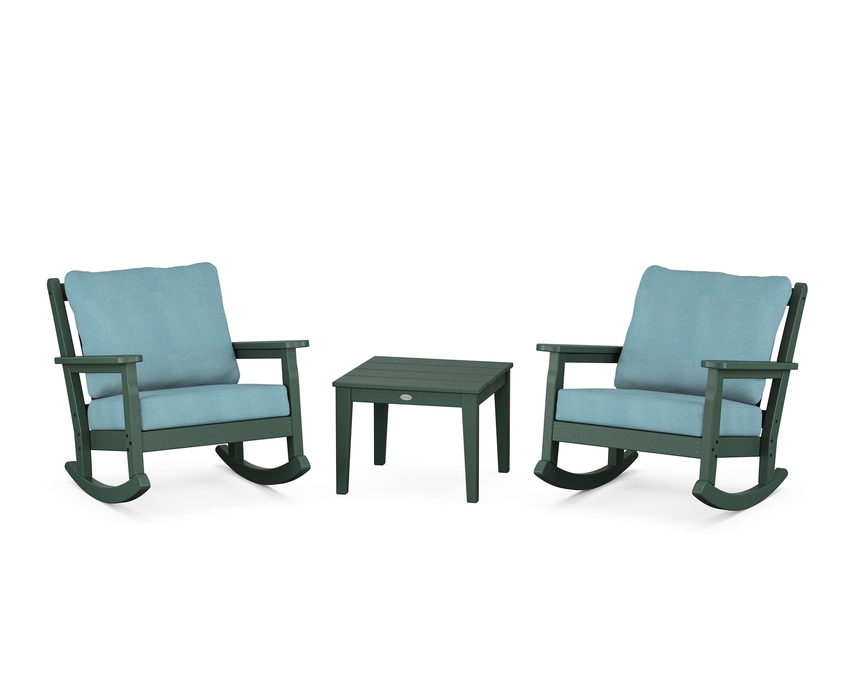 POLYWOOD Chippendale 3-Piece Deep Seating Rocker Set in Green / Lattice Sky Blue