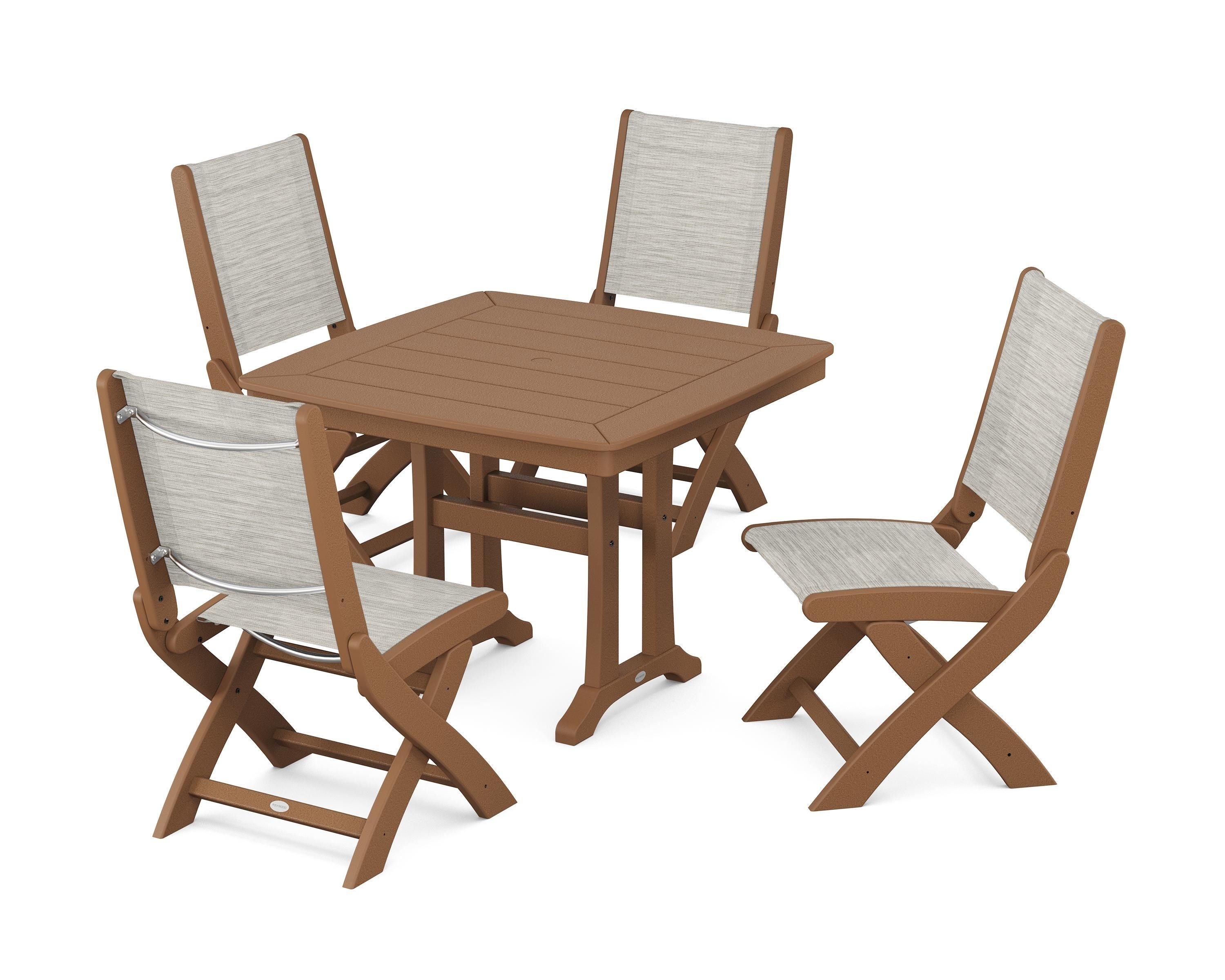 POLYWOOD Coastal Folding Side Chair 5-Piece Dining Set with Trestle Legs in Teak / Birch Sling