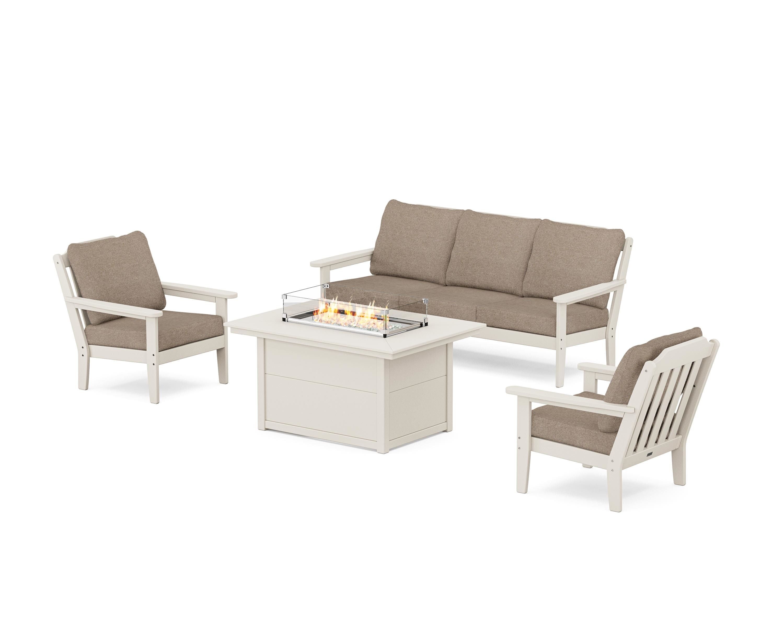 Country Living Cottage Deep Seating Fire Pit Table Set in Sand / Spiced Burlap