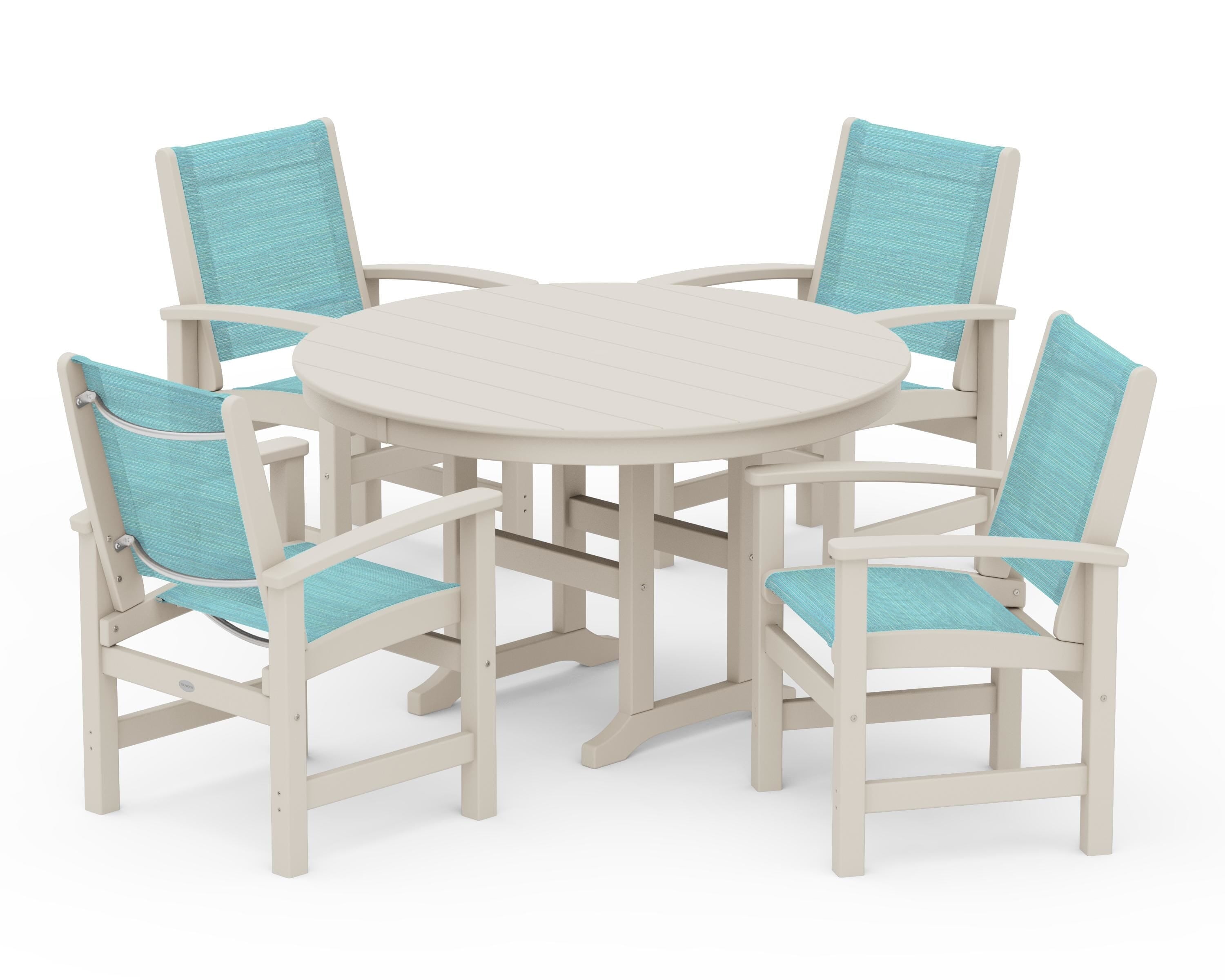 POLYWOOD Coastal 5-Piece Round Farmhouse Dining Set in Sand / Dupioni Aquamarine Sling