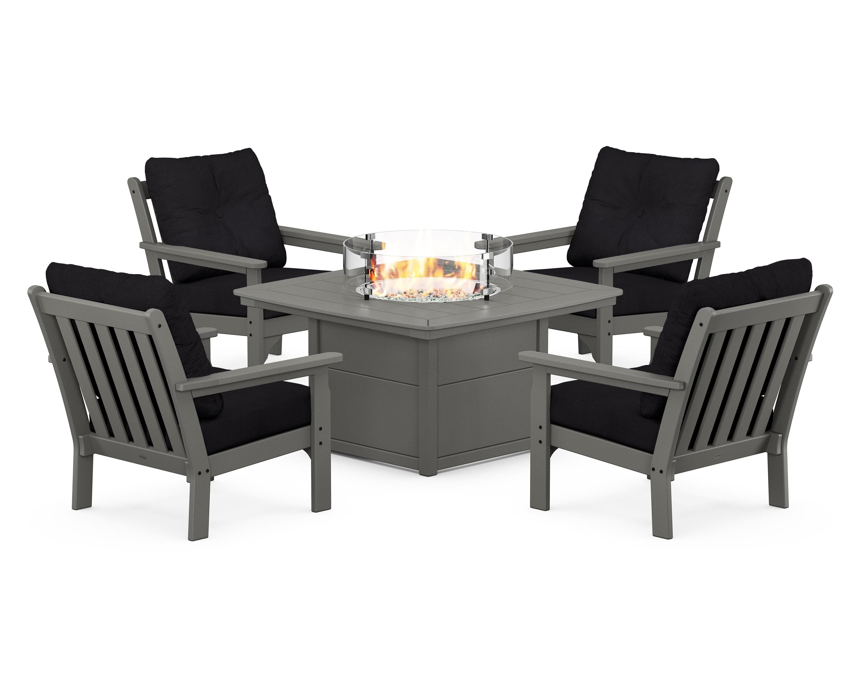 POLYWOOD Vineyard 5-Piece Conversation Set with Fire Pit Table in Slate Grey / Midnight Linen
