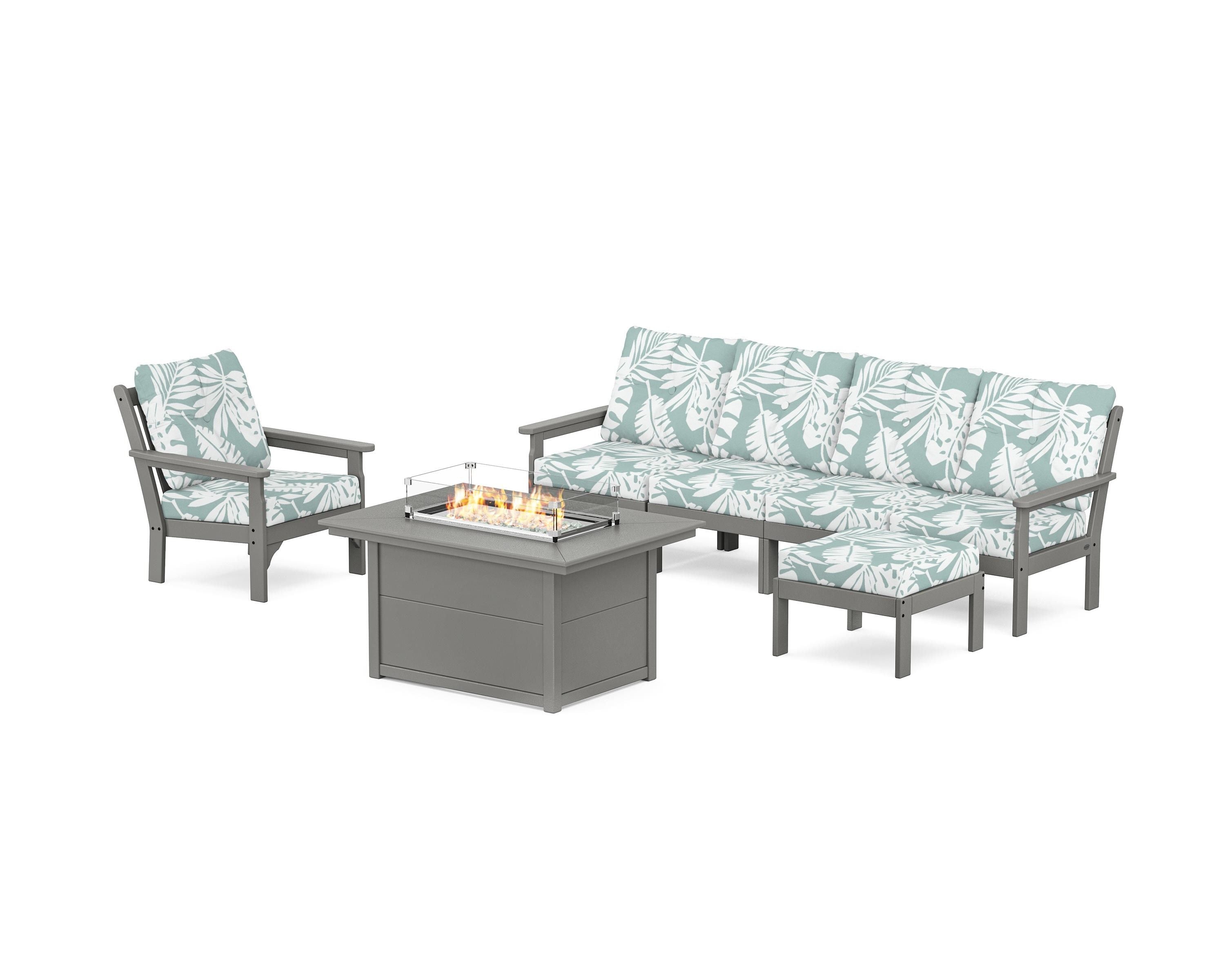 POLYWOOD Vineyard Sectional Lounge and Fire Pit Set in Slate Grey / Leaf Glacier Spa
