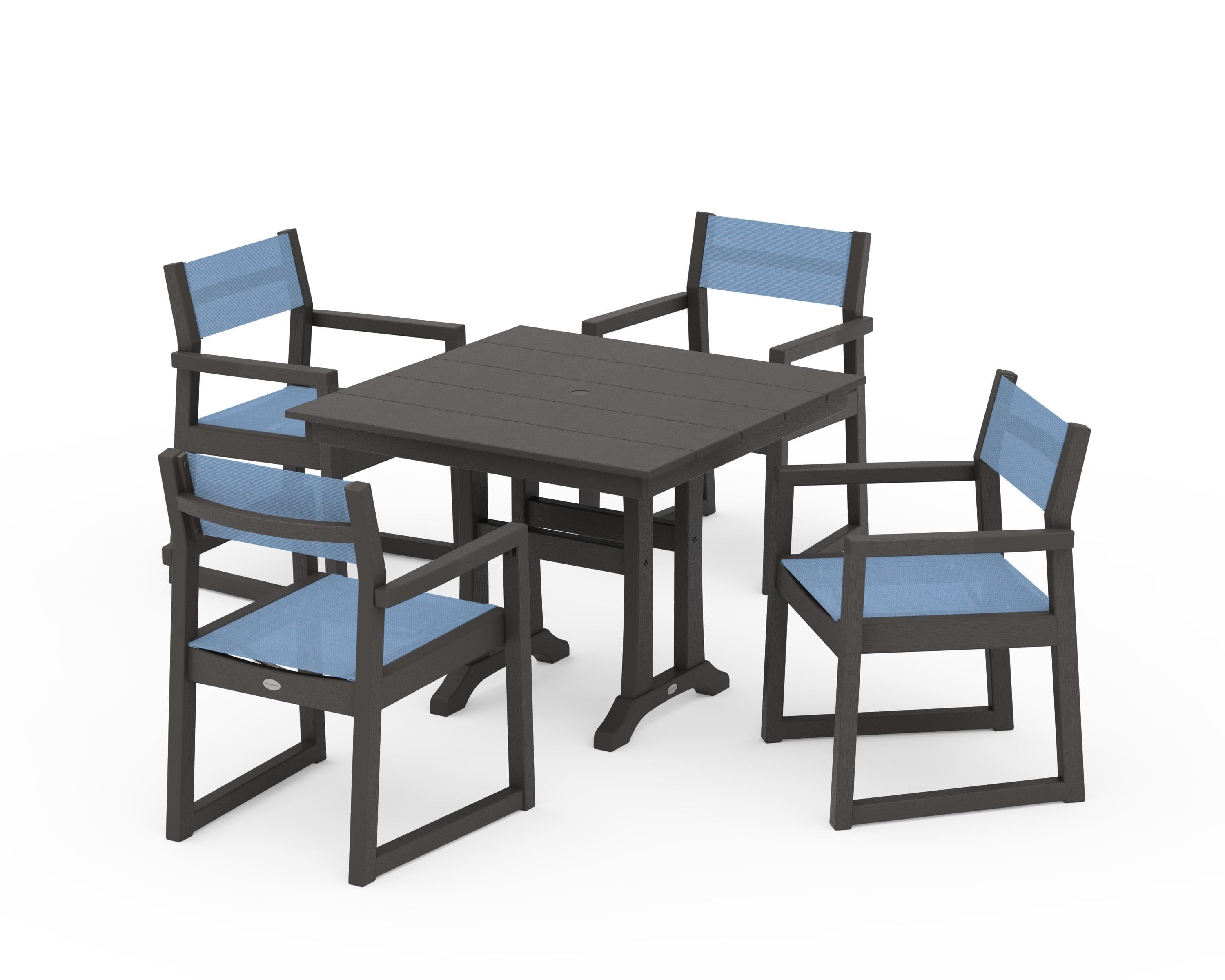 POLYWOOD EDGE Sling 5-Piece Farmhouse Dining Set with Trestle Legs in Vintage Coffee / Poolside Sling