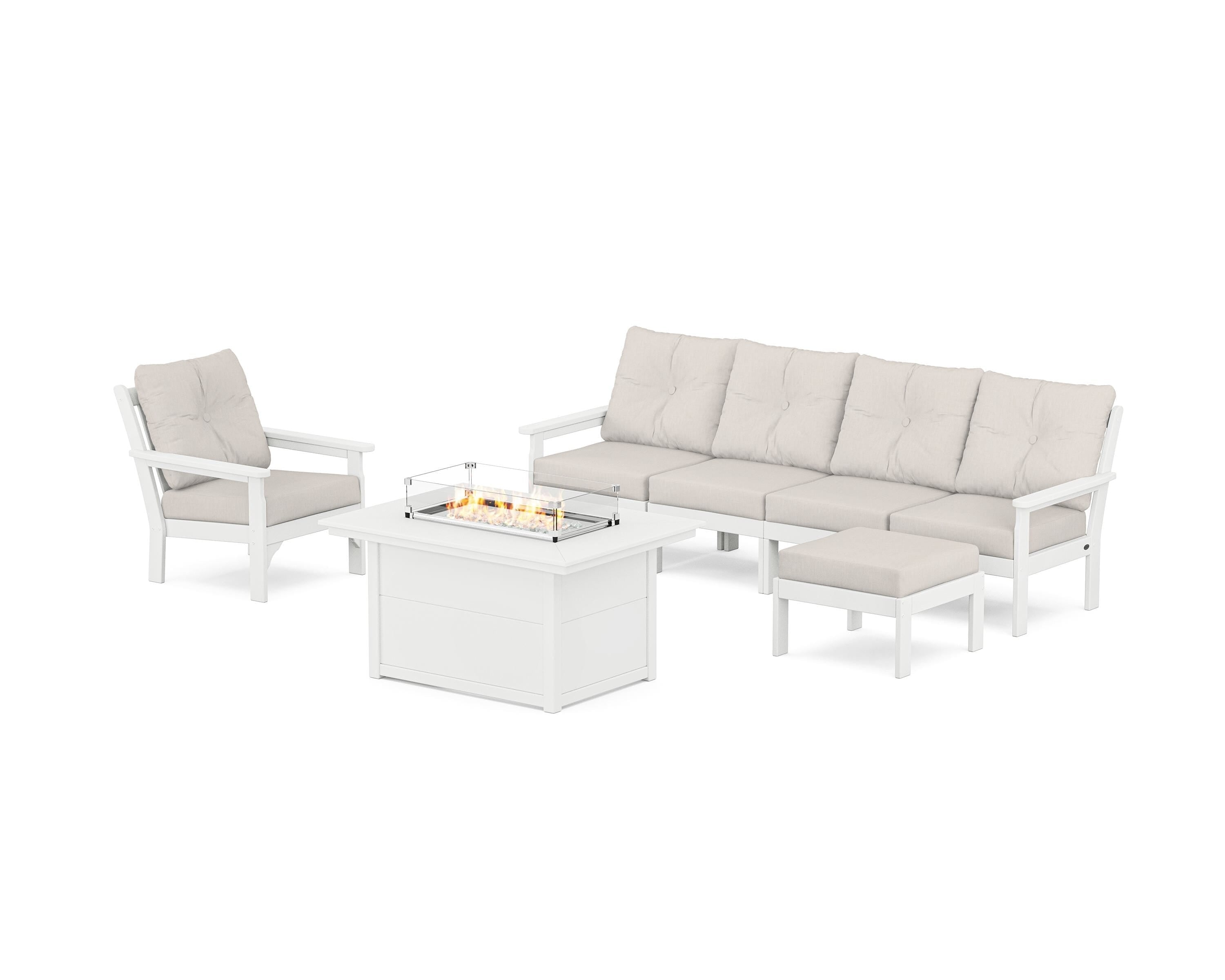 POLYWOOD Vineyard Sectional Lounge and Fire Pit Set in White / Cast Ash