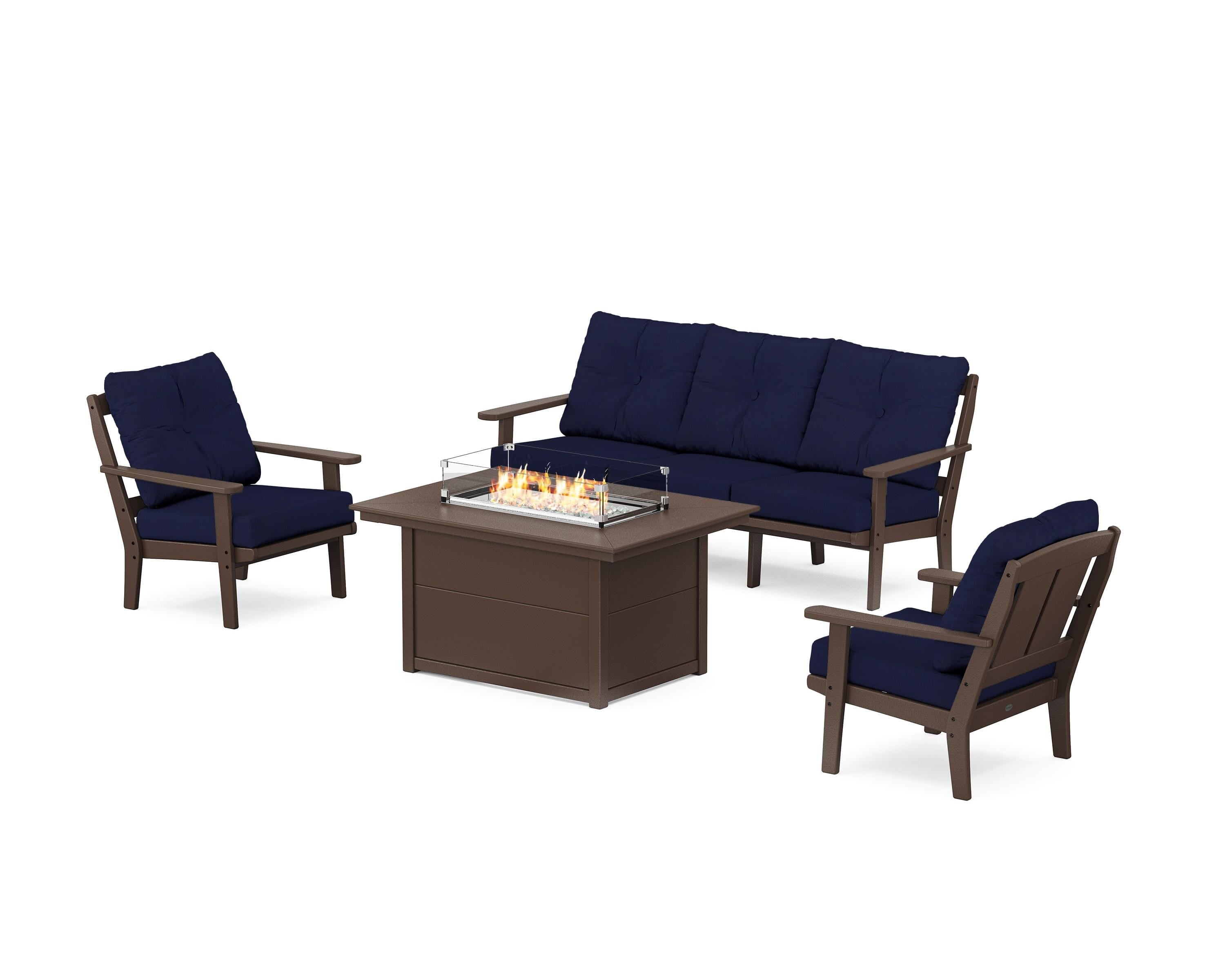 POLYWOOD Mission Deep Seating Fire Pit Table Set in Mahogany / Navy
