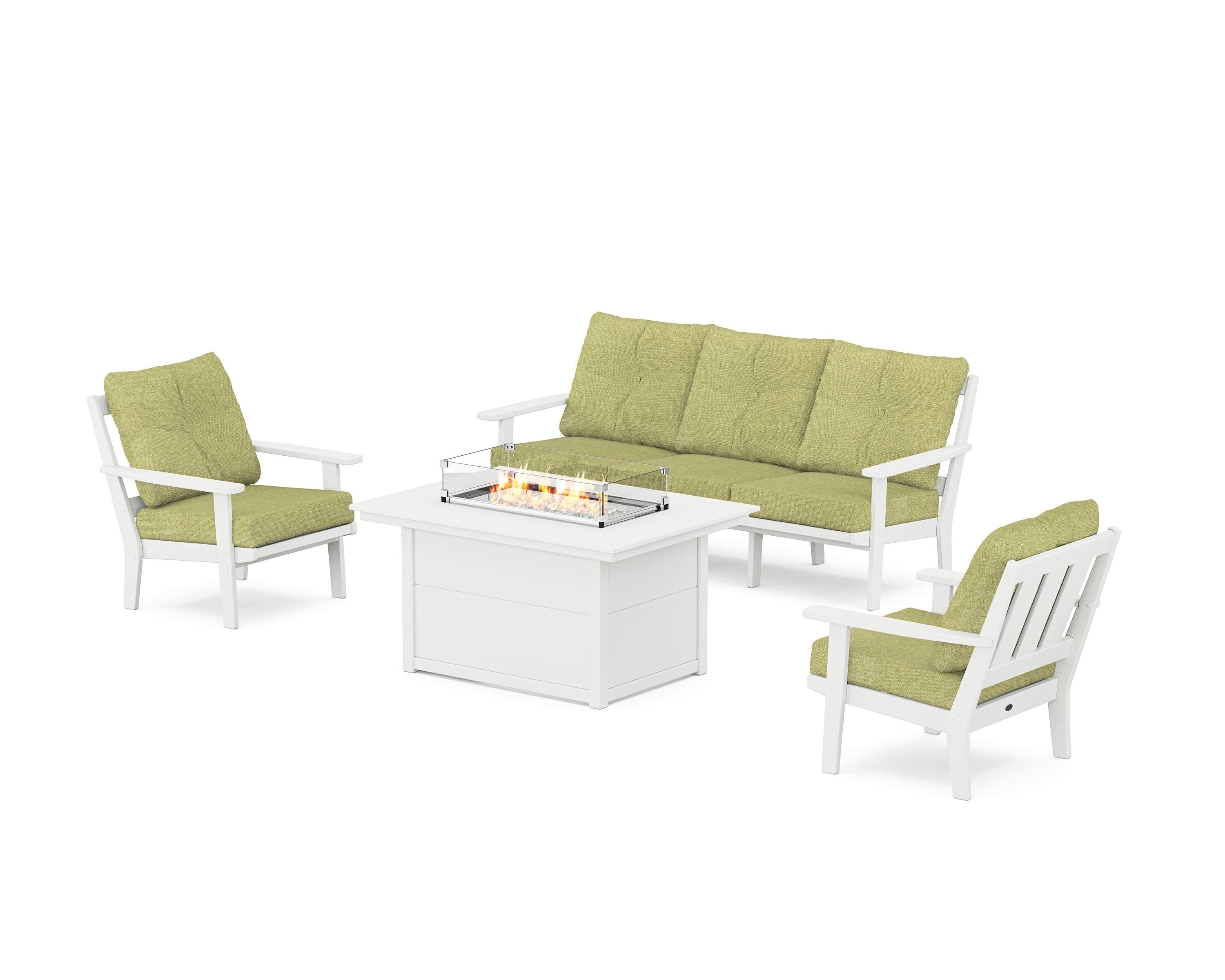 POLYWOOD Oxford Deep Seating Fire Pit Table Set in White / Chartreuse Boucle