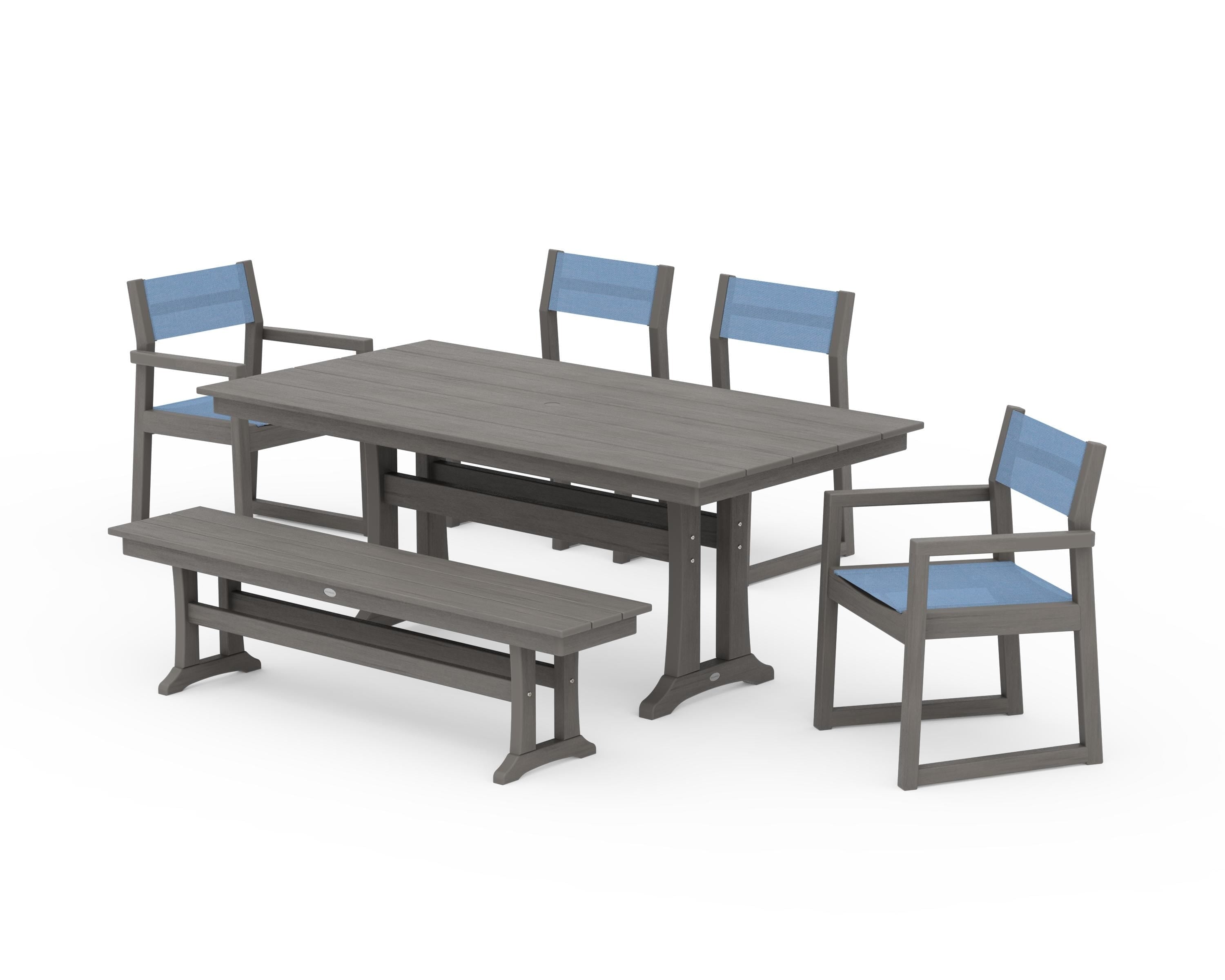 POLYWOOD EDGE Sling 6-Piece Farmhouse Dining Set With Trestle Legs in Driftwood / Poolside Sling
