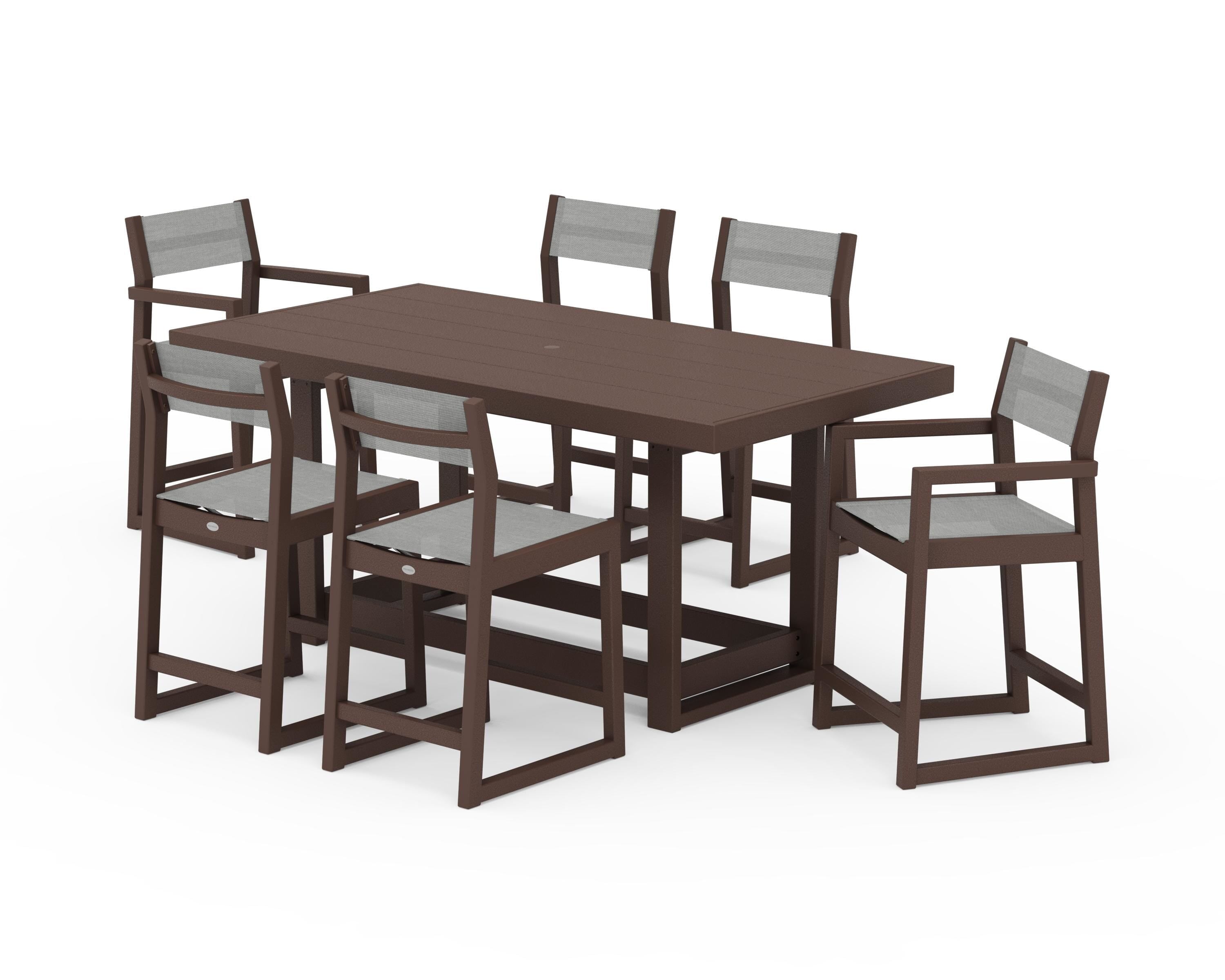 POLYWOOD EDGE Sling 7-Piece Counter Table Set in Mahogany / Metallic Sling
