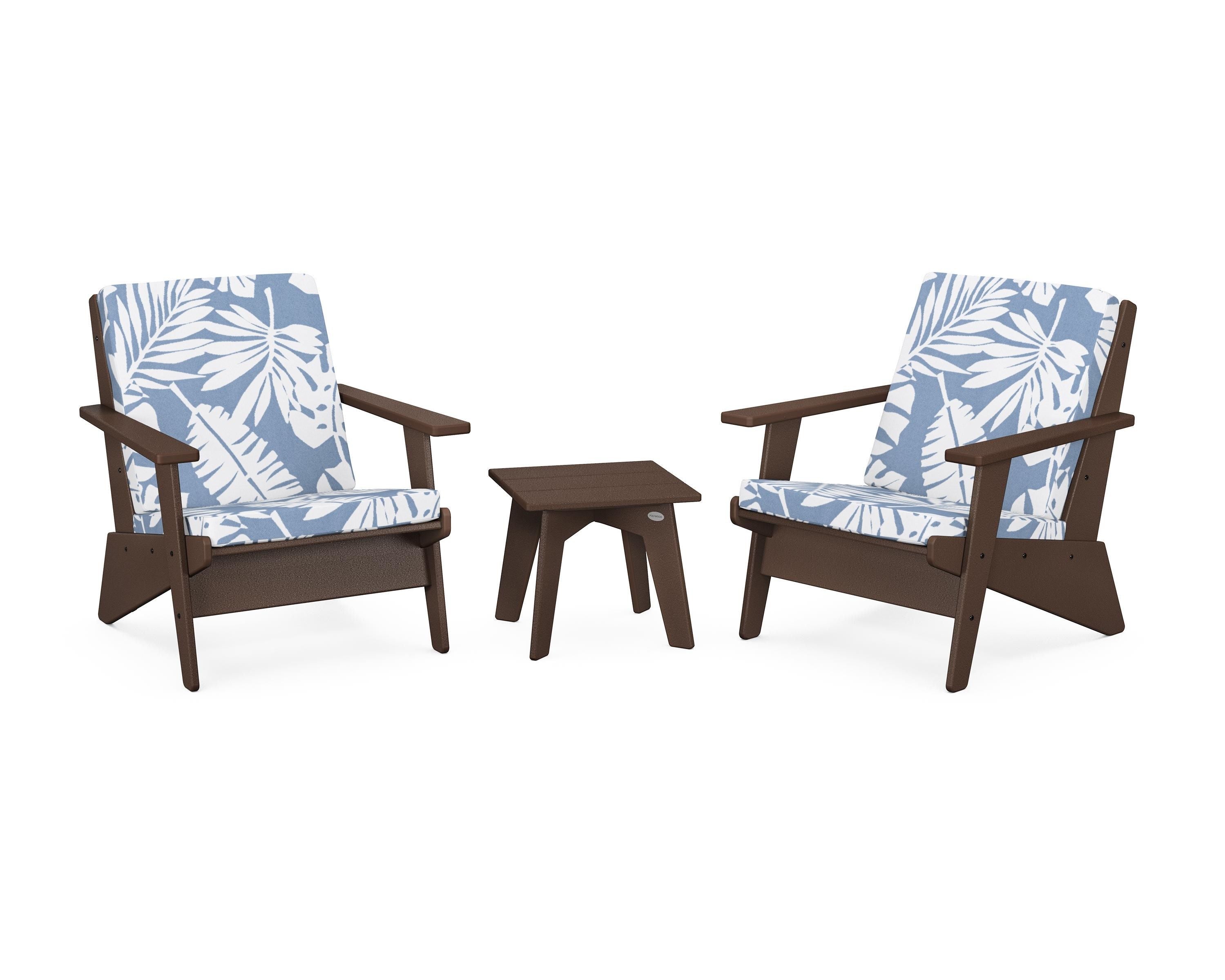 POLYWOOD Riviera Modern Lounge 3-Piece Set in Mahogany / Leaf Sky Blue