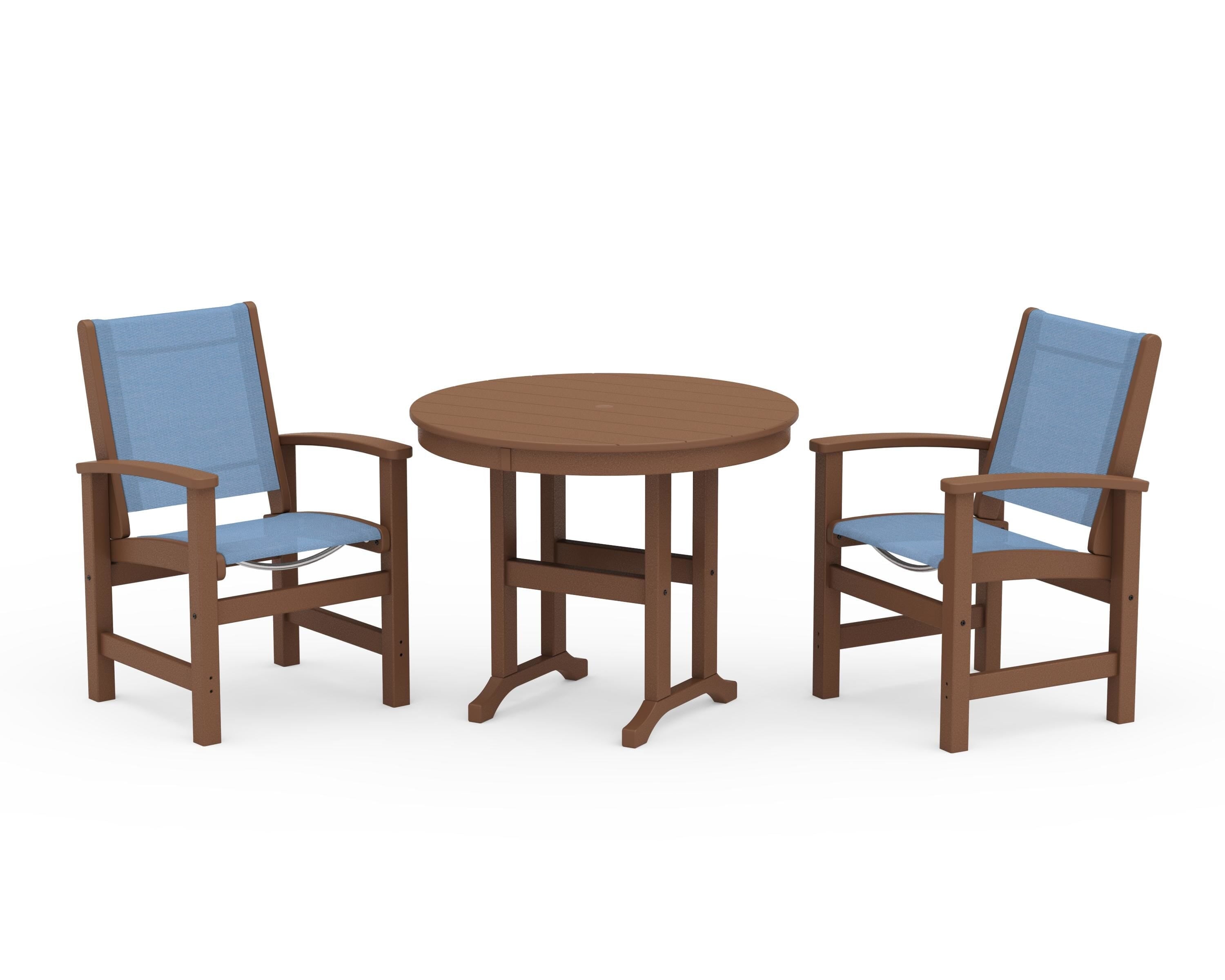 POLYWOOD Coastal 3-Piece Round Dining Set in Teak / Poolside Sling
