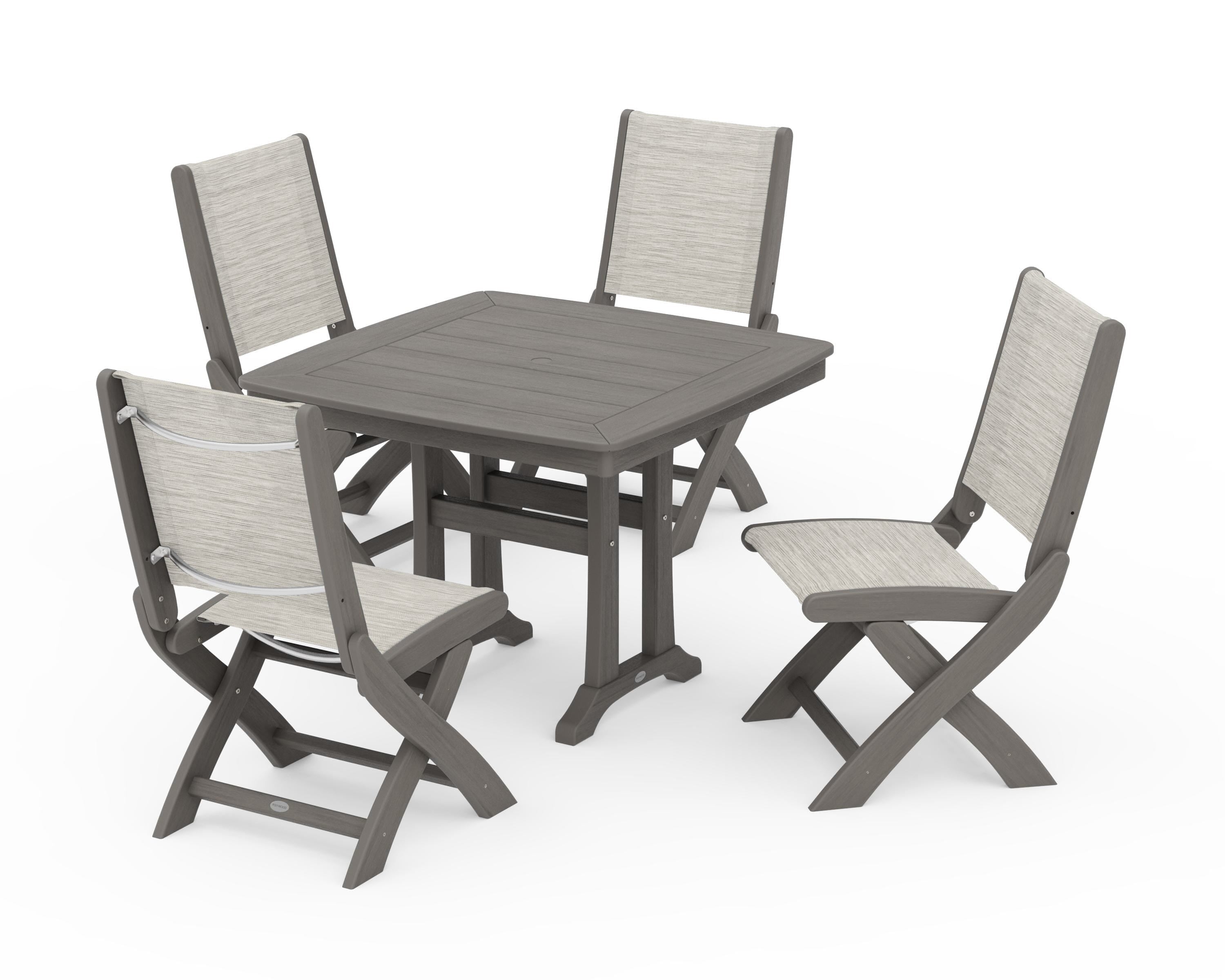 POLYWOOD Coastal Folding Side Chair 5-Piece Dining Set with Trestle Legs in Driftwood / Birch Sling