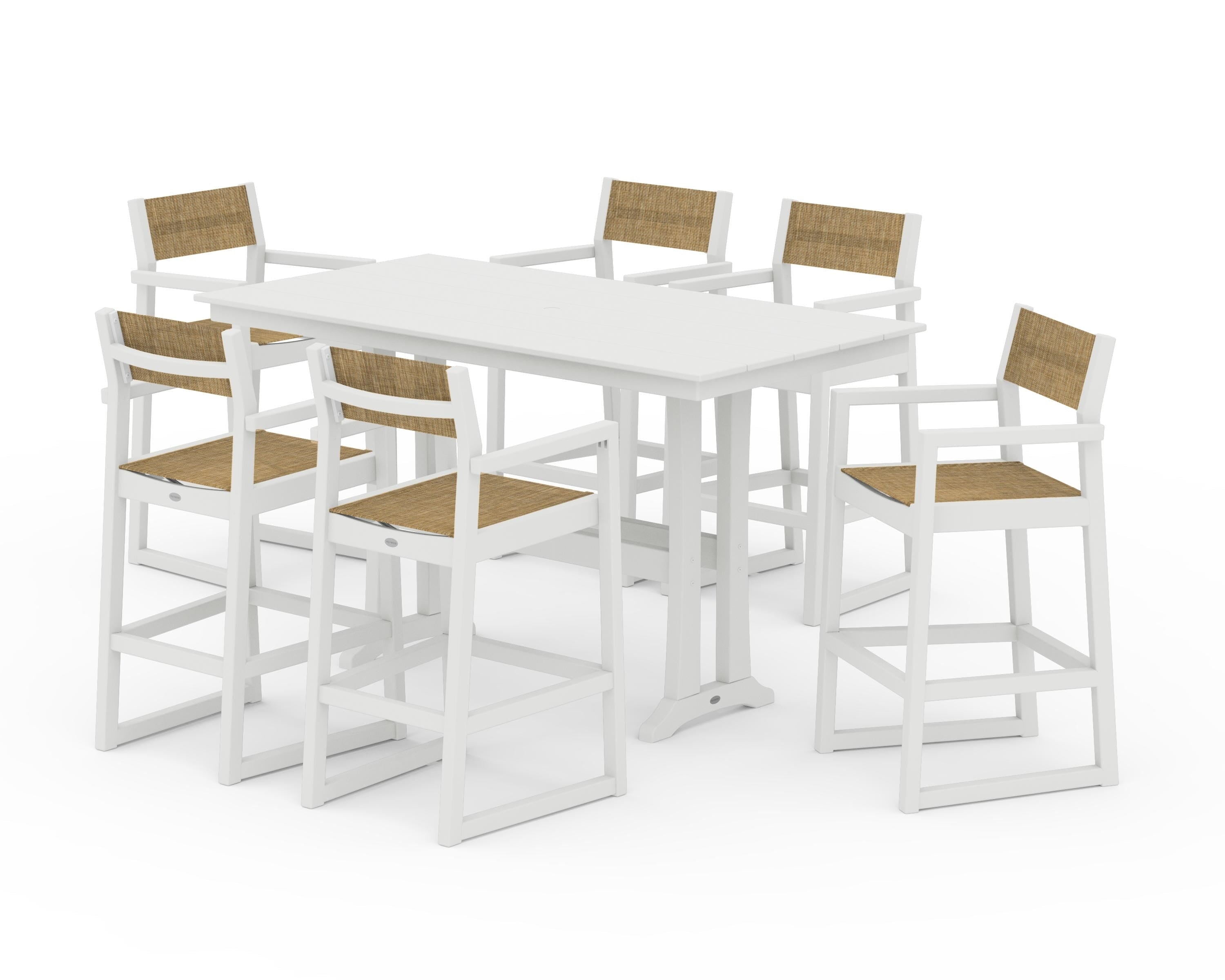 POLYWOOD EDGE Sling Arm Chair 7-Piece Farmhouse Bar Set with Trestle Legs in Vintage White / Burlap Sling