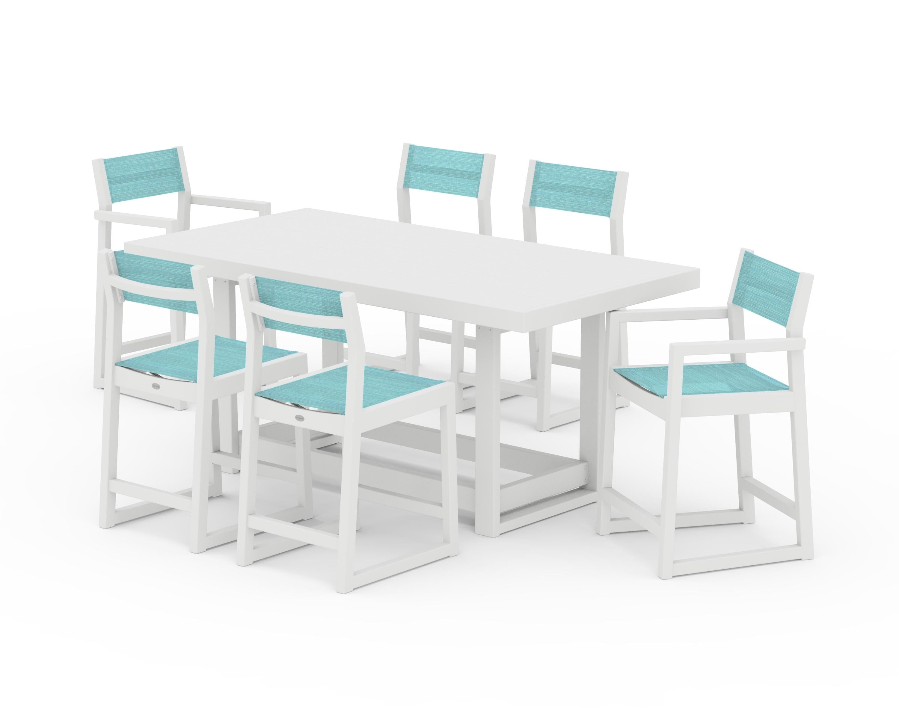 POLYWOOD EDGE Sling 7-Piece Counter Table Set in White / Dupioni Aquamarine Sling