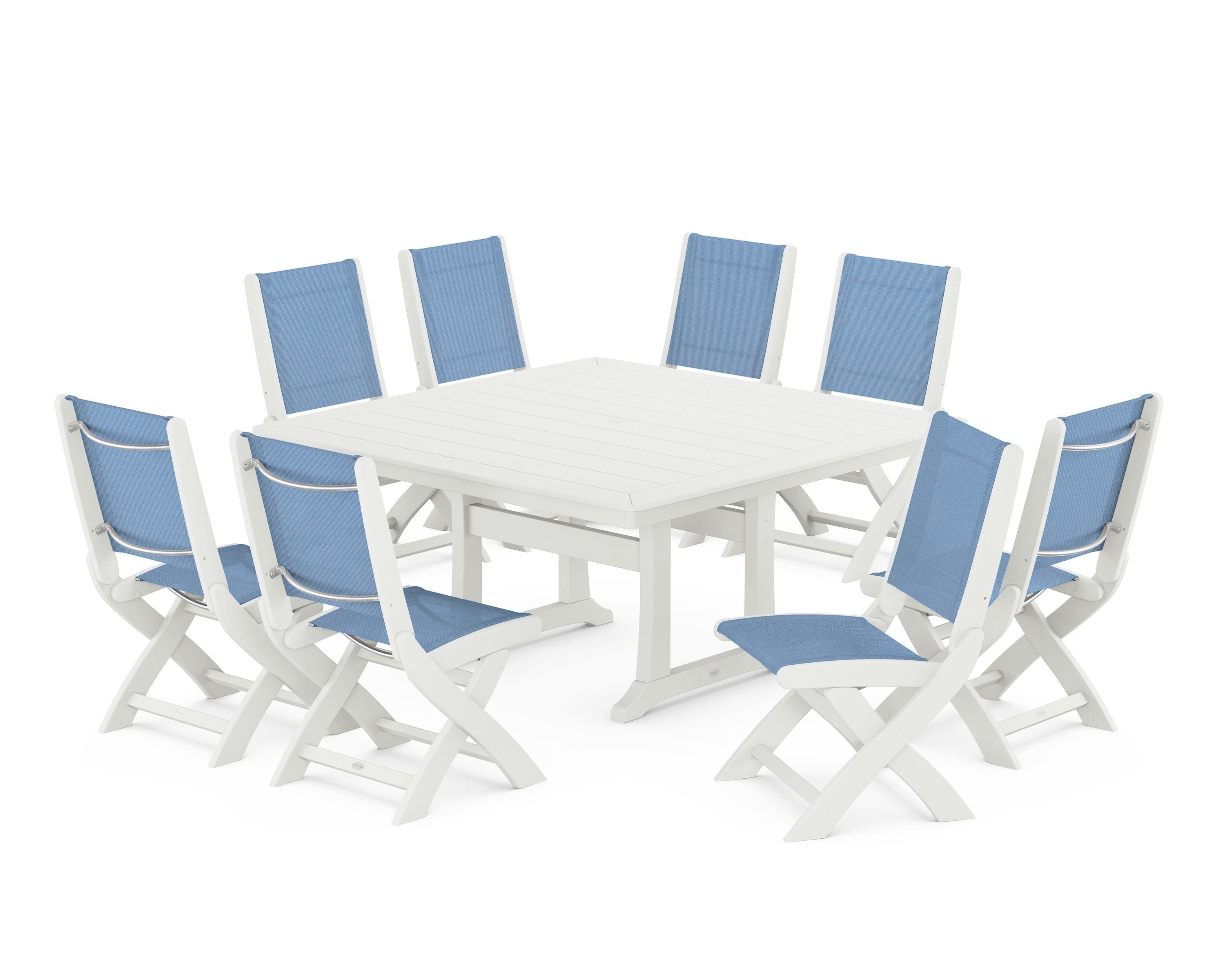 POLYWOOD Coastal Folding Side Chair 9-Piece Dining Set with Trestle Legs in Vintage White / Poolside Sling