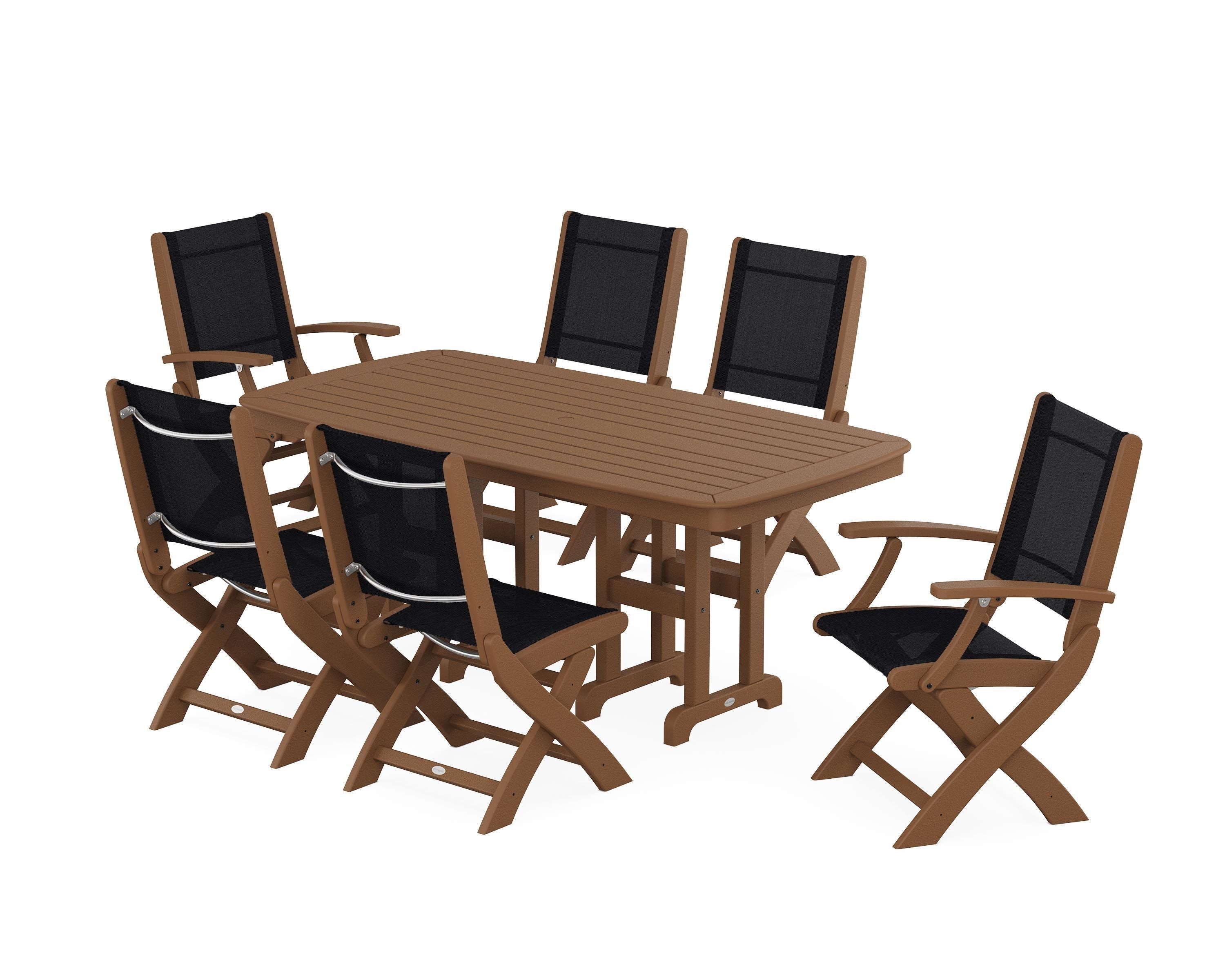POLYWOOD Coastal Folding Chair 7-Piece Dining Set in Teak / Black Sling
