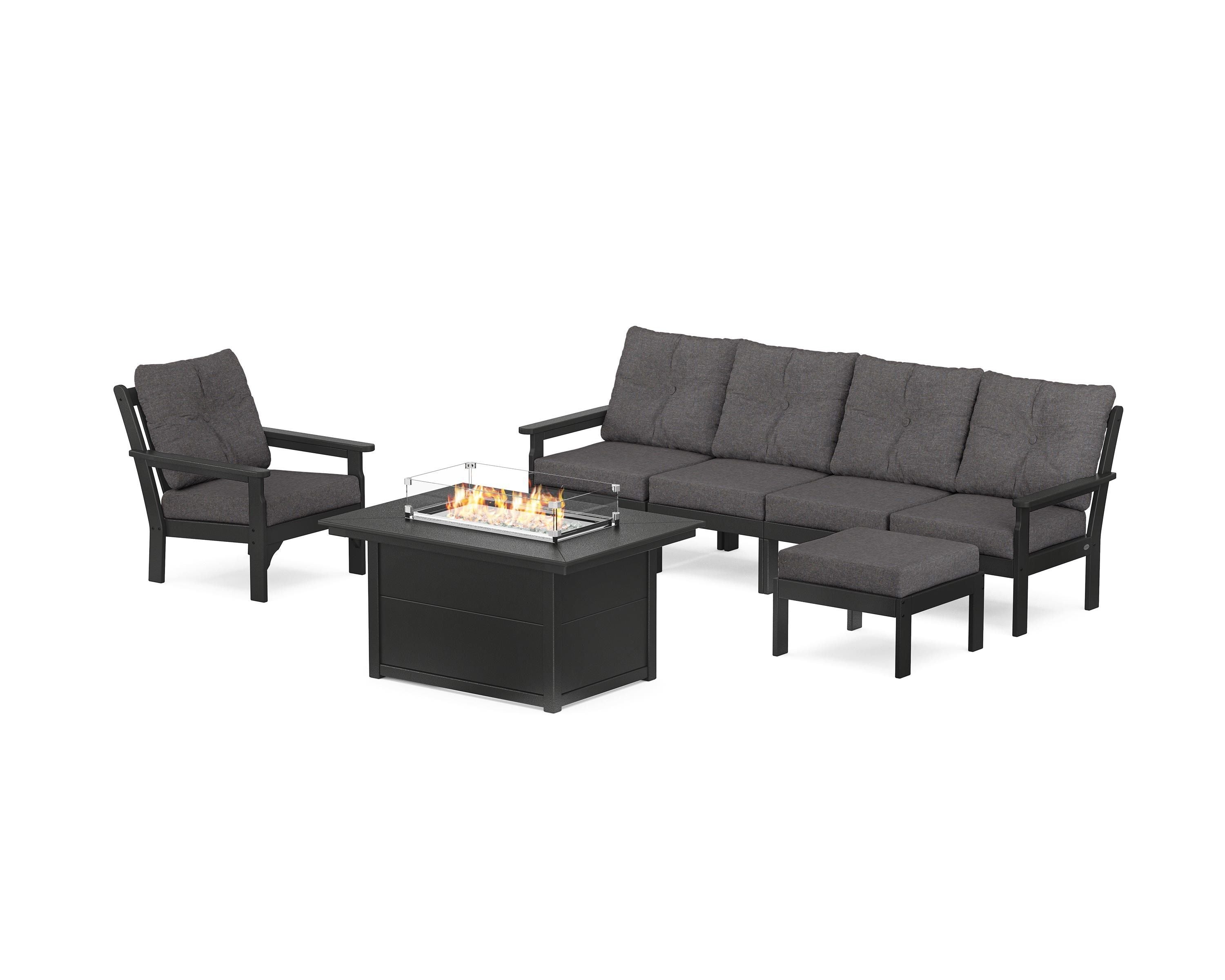 POLYWOOD Vineyard Sectional Lounge and Fire Pit Set in Black / Ash Charcoal