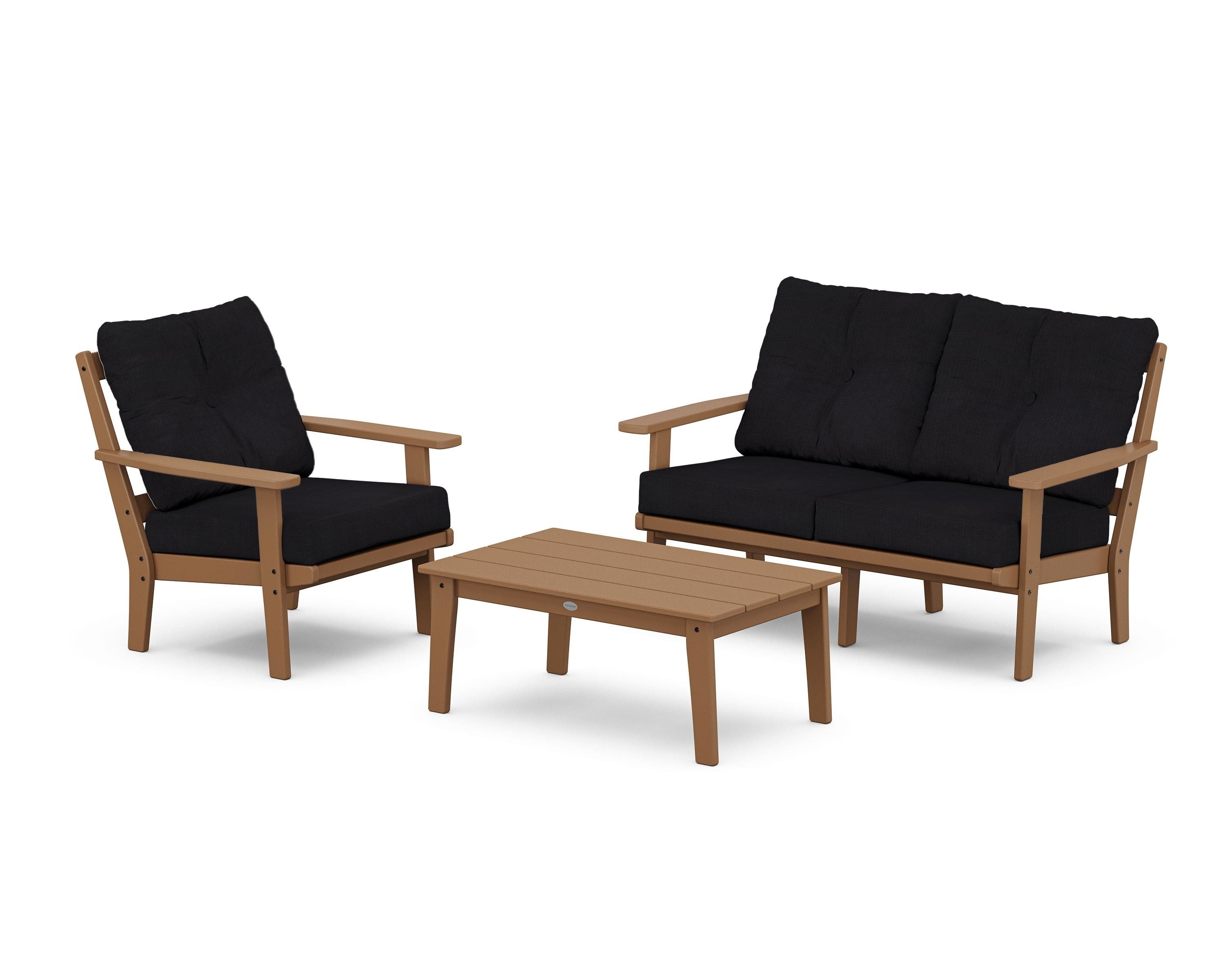 POLYWOOD Prairie 3-Piece Deep Seating Set with Loveseat in Teak / Midnight Linen