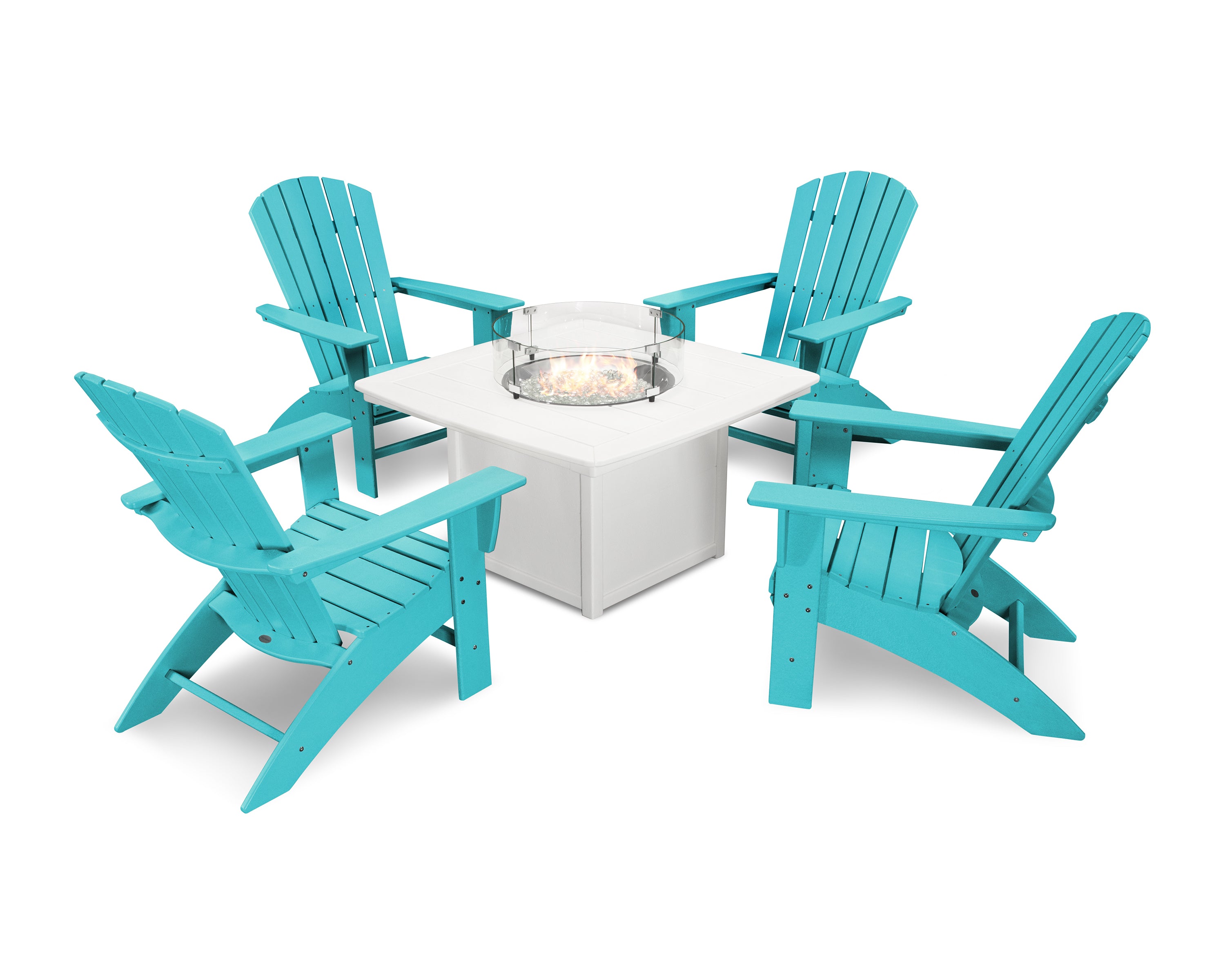 POLYWOOD® Nautical Curveback Adirondack 5-Piece Conversation Set with Fire Pit Table in Aruba / White