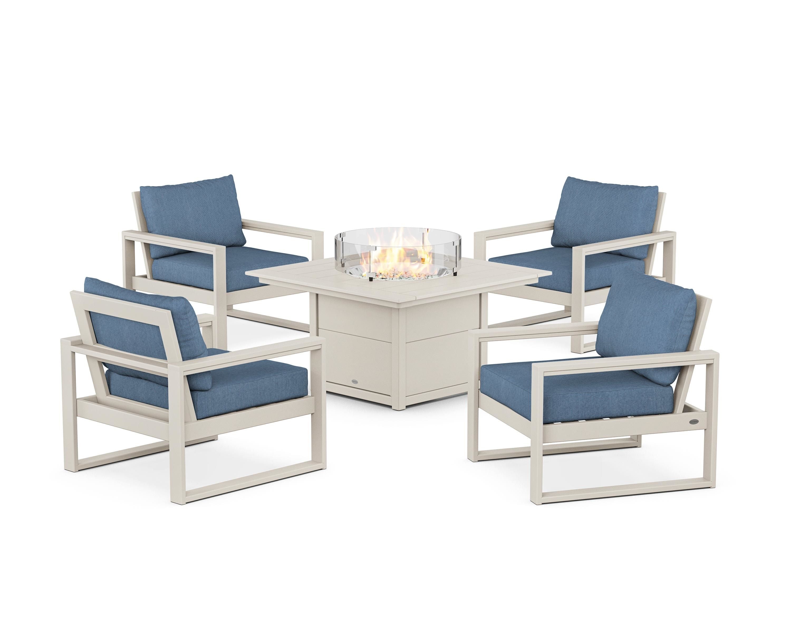 POLYWOOD EDGE Sectional 5-Piece Deep Seating Set with Fire Pit Table in Sand / Sky Blue