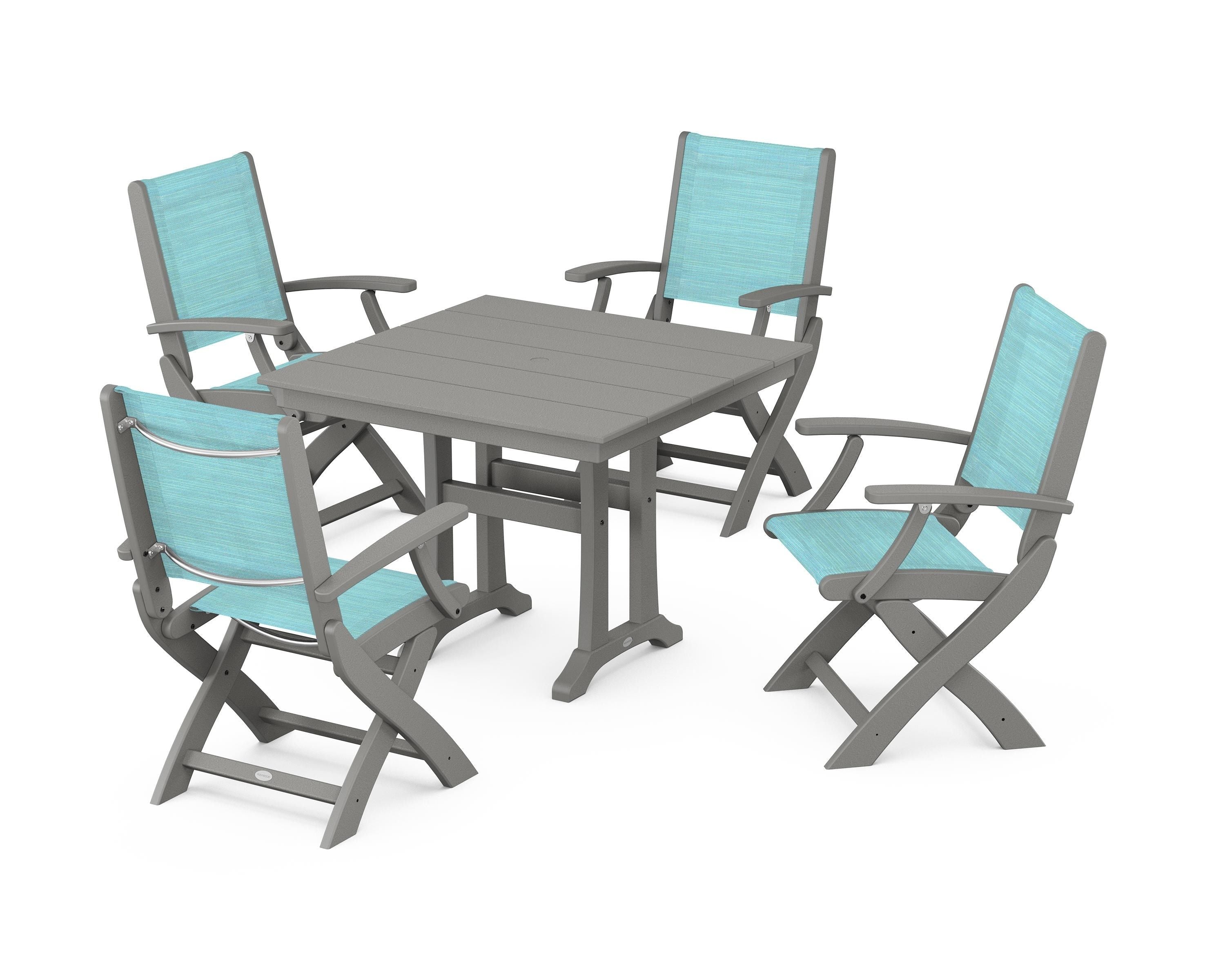 POLYWOOD Coastal Folding Chair 5-Piece Farmhouse Dining Set With Trestle Legs in Slate Grey / Dupioni Aquamarine Sling